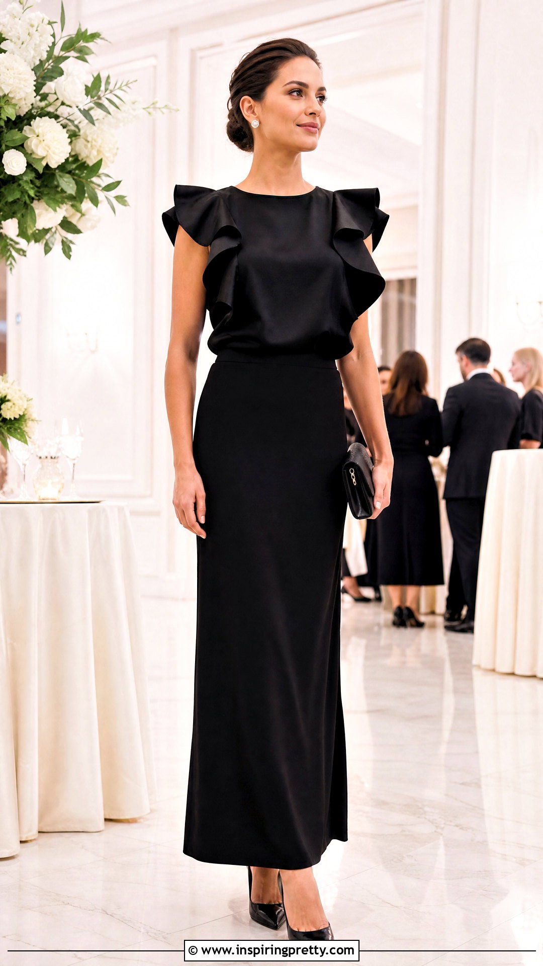 Black Ruffle Sleeve Evening Top With Column Skirt - 20 black evening wear top outfit ideas