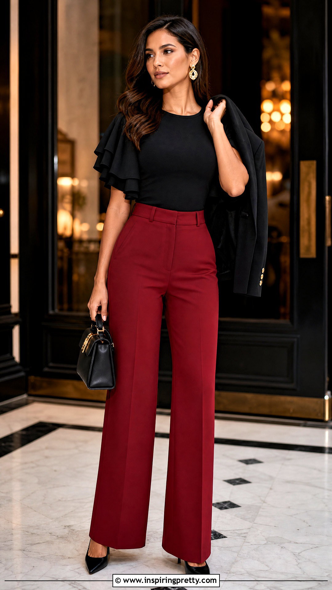 Black Ruffle Sleeve Top With Red Pants - 50 black going out tops outfit ideas