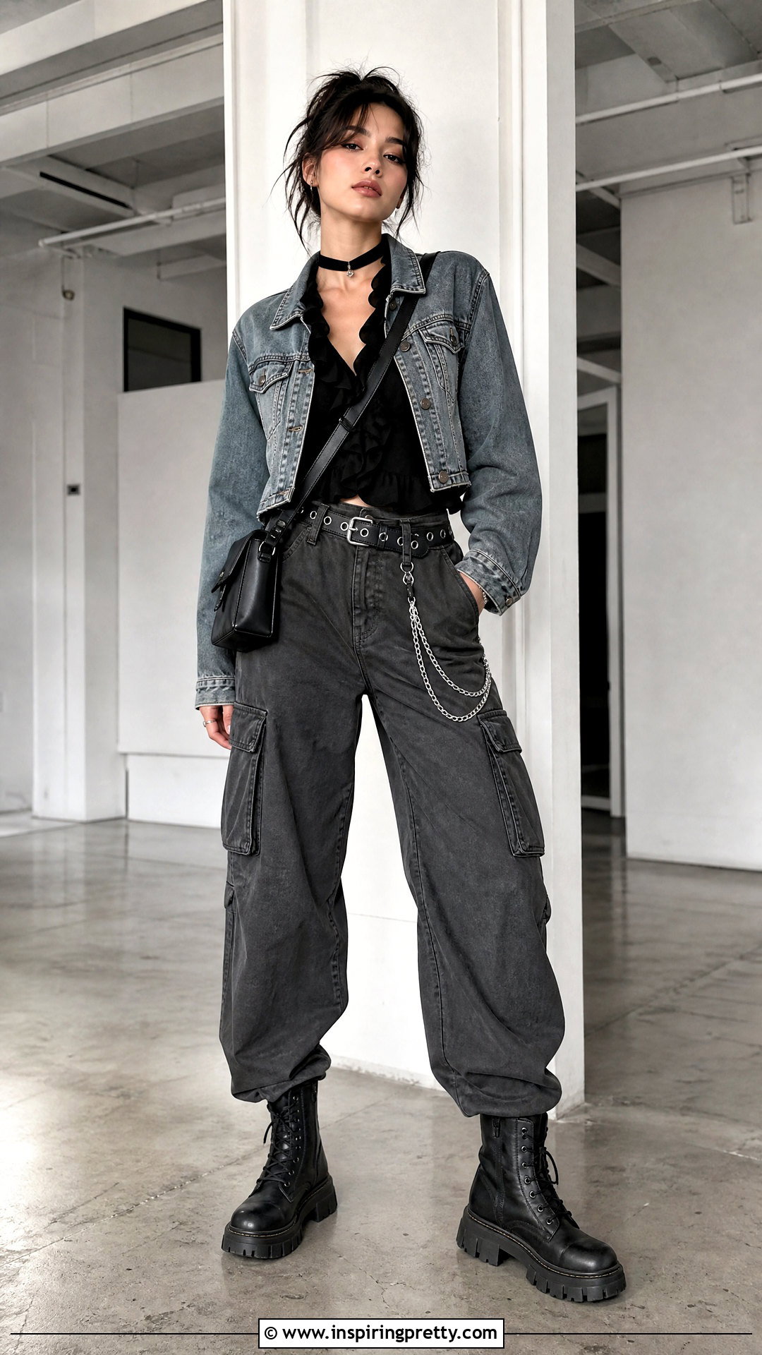 Black Ruffle Top And Cargo Pants Emo Outfit - 50 emo top outfit ideas