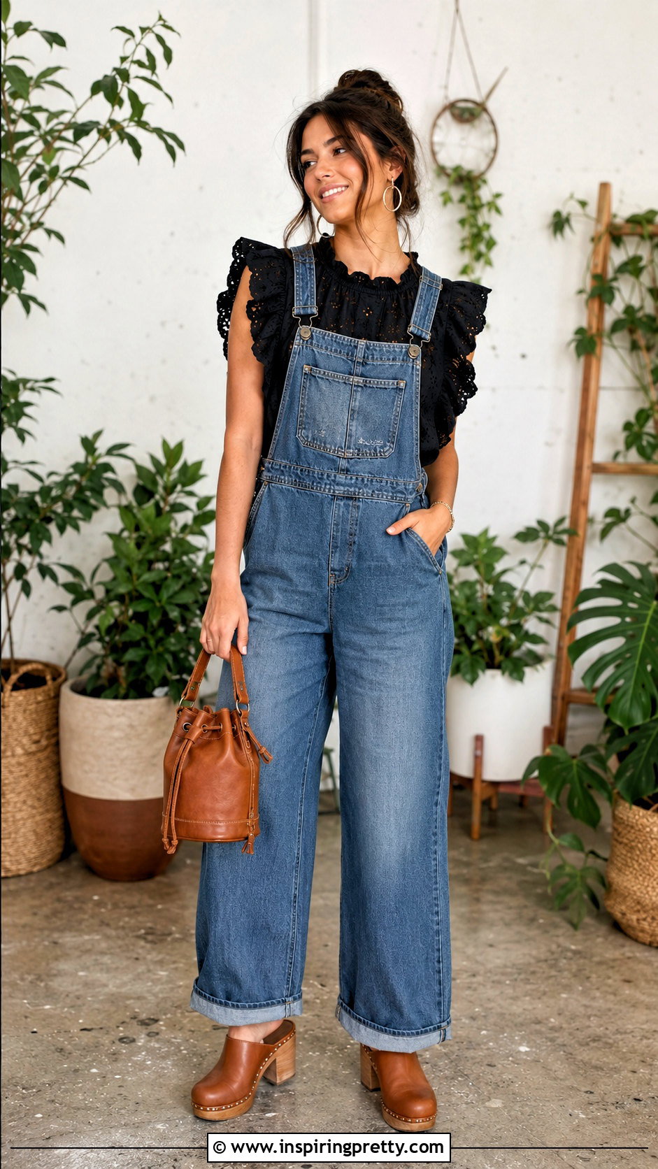 Black Ruffle Top With Relaxed Denim Overalls - 20 Boho Style Black Top outfit ideas