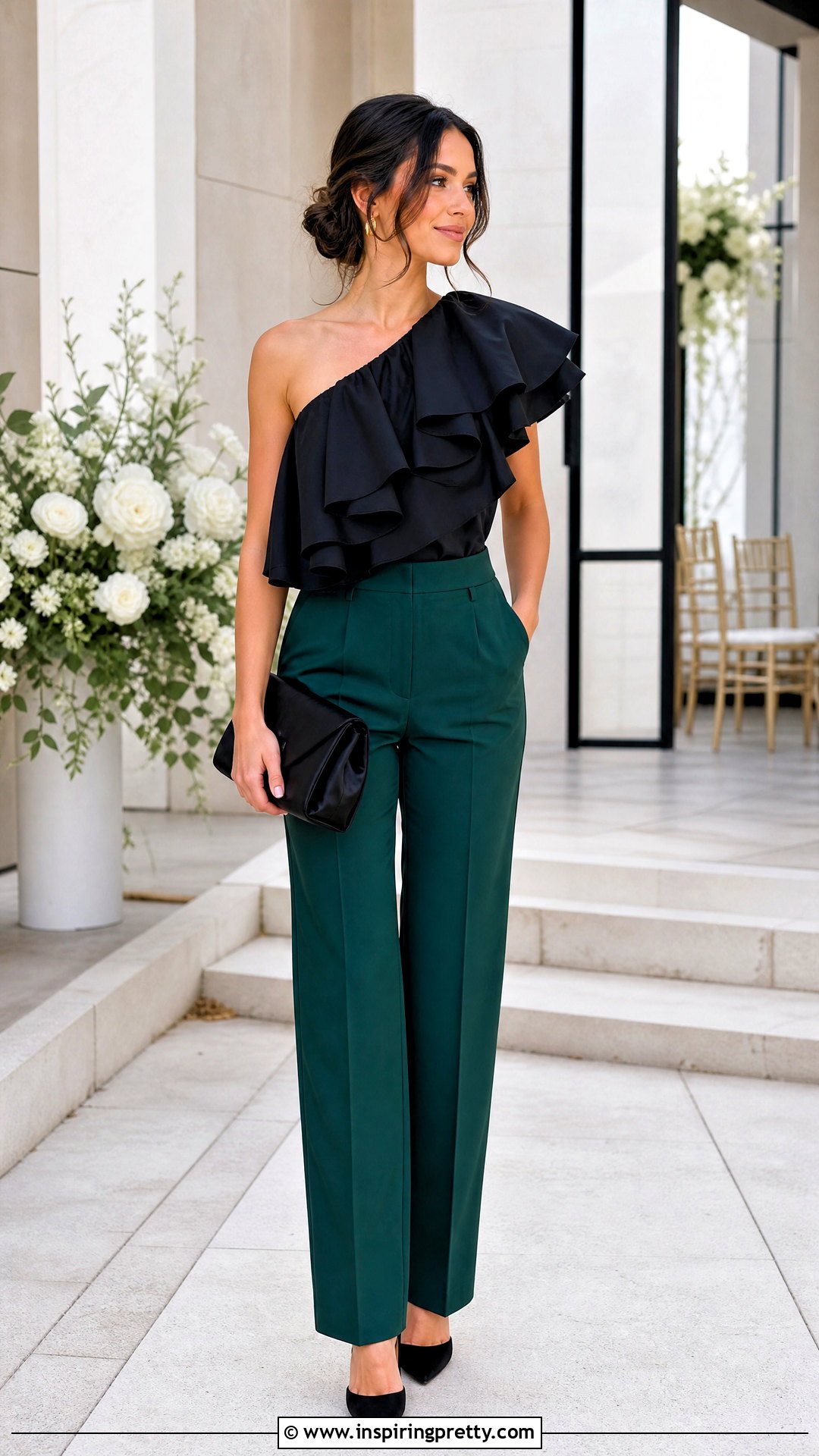 Black Ruffle Top With Straight Leg Pants - 25 Black Wedding Top outfit ideas