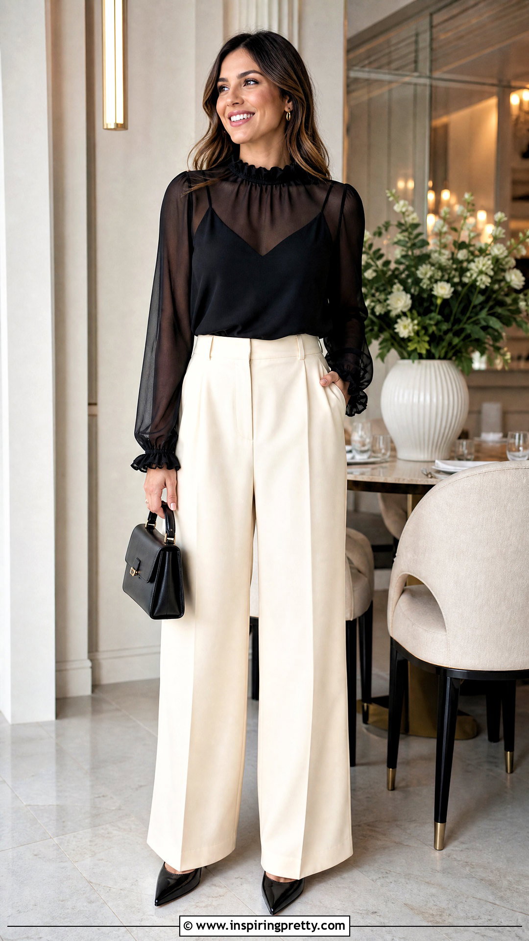 Black Ruffle Transparent Top With Tailored Pants - 50 black transparent top outfit ideas