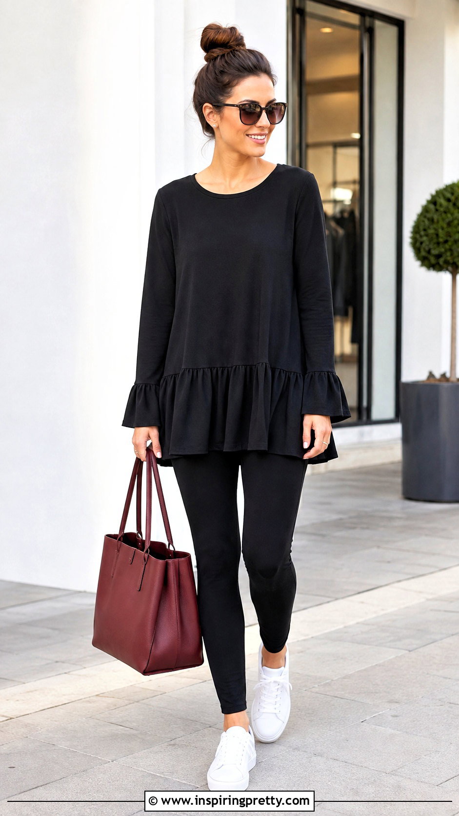 Black Ruffle Tunic Top With Leggings - 25 ruffle tunic top outfit ideas