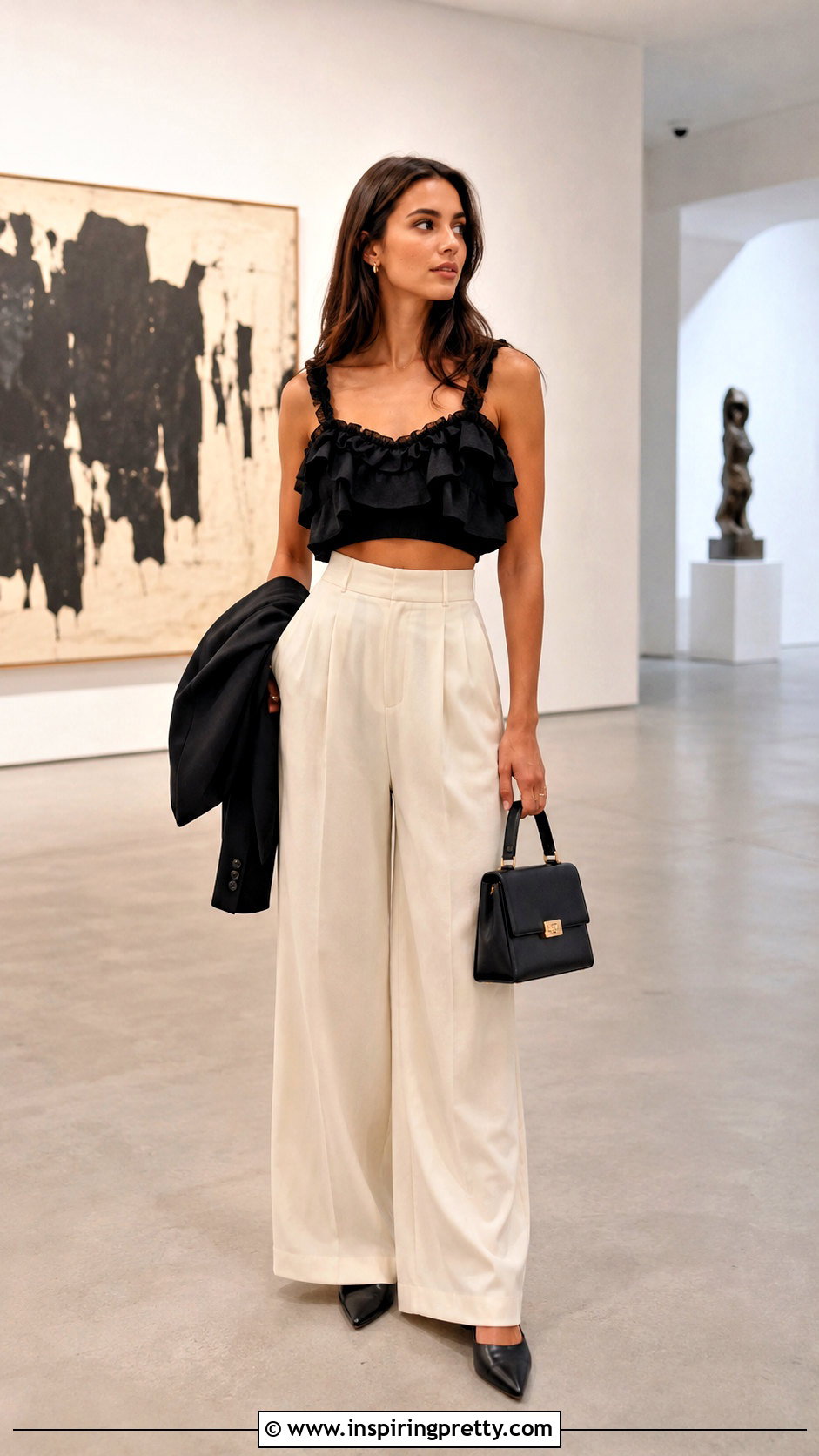 Black Ruffled Crop Top With Wide Leg Trousers - 20 ruffled crop top fashion ideas