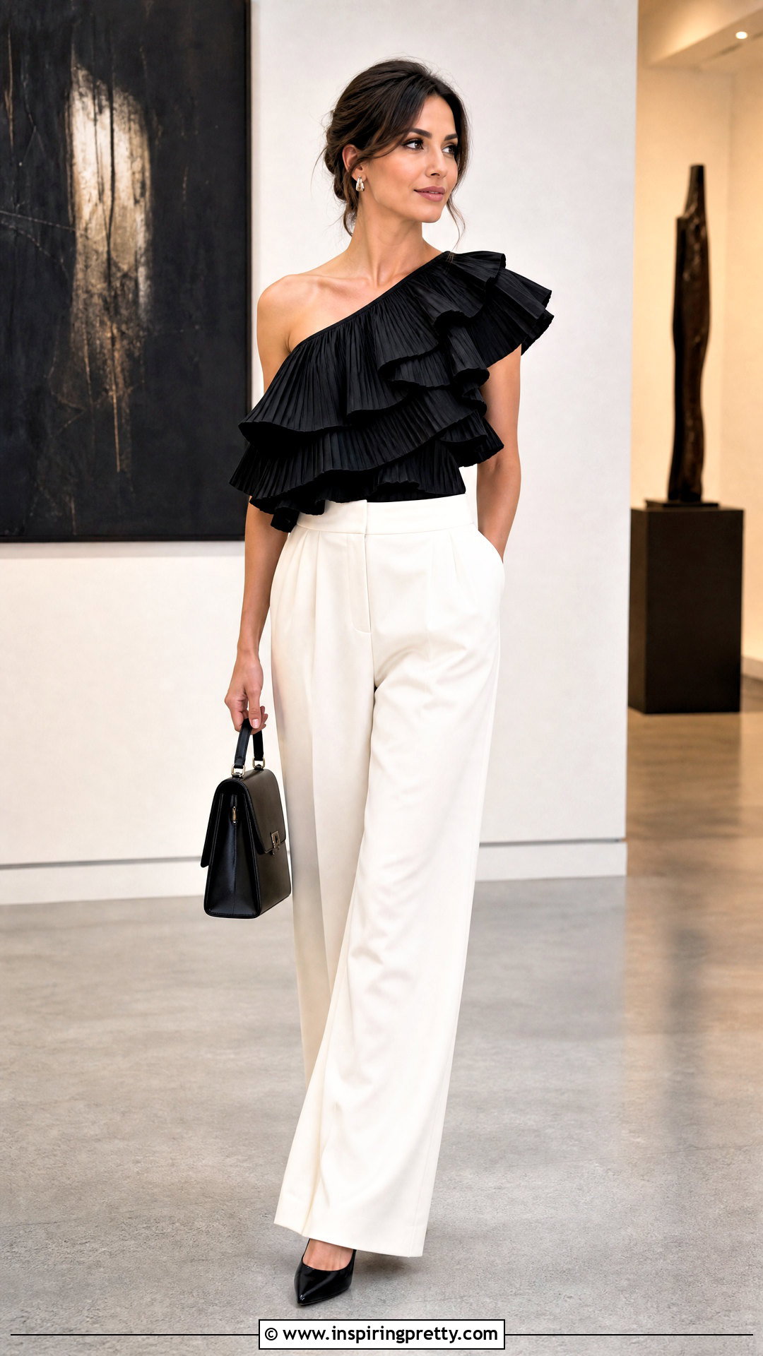 Black Ruffled Pleated Asymmetric Top With Wide Leg Trousers - 20 ruffled pleated asymmetric top outfit ideas