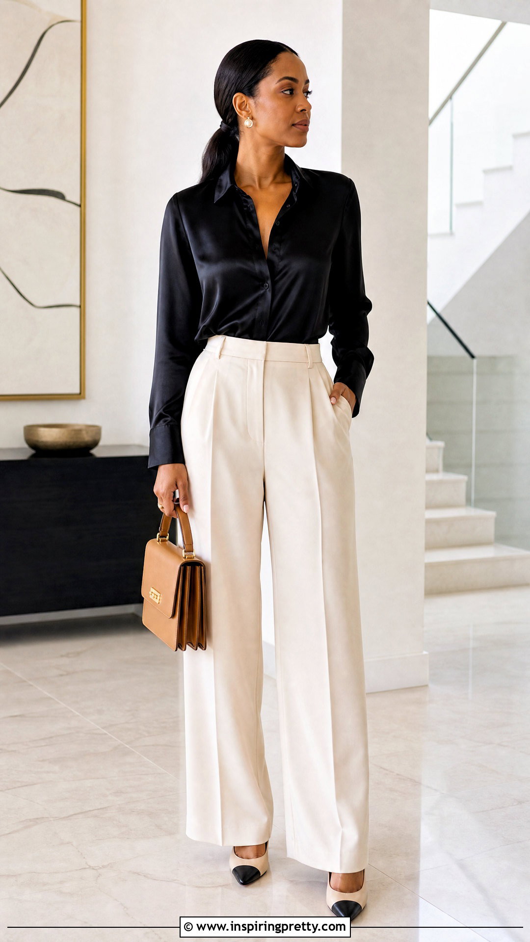 Black Satin Blouse With Cream Trousers - 25 Black Tops Black Women