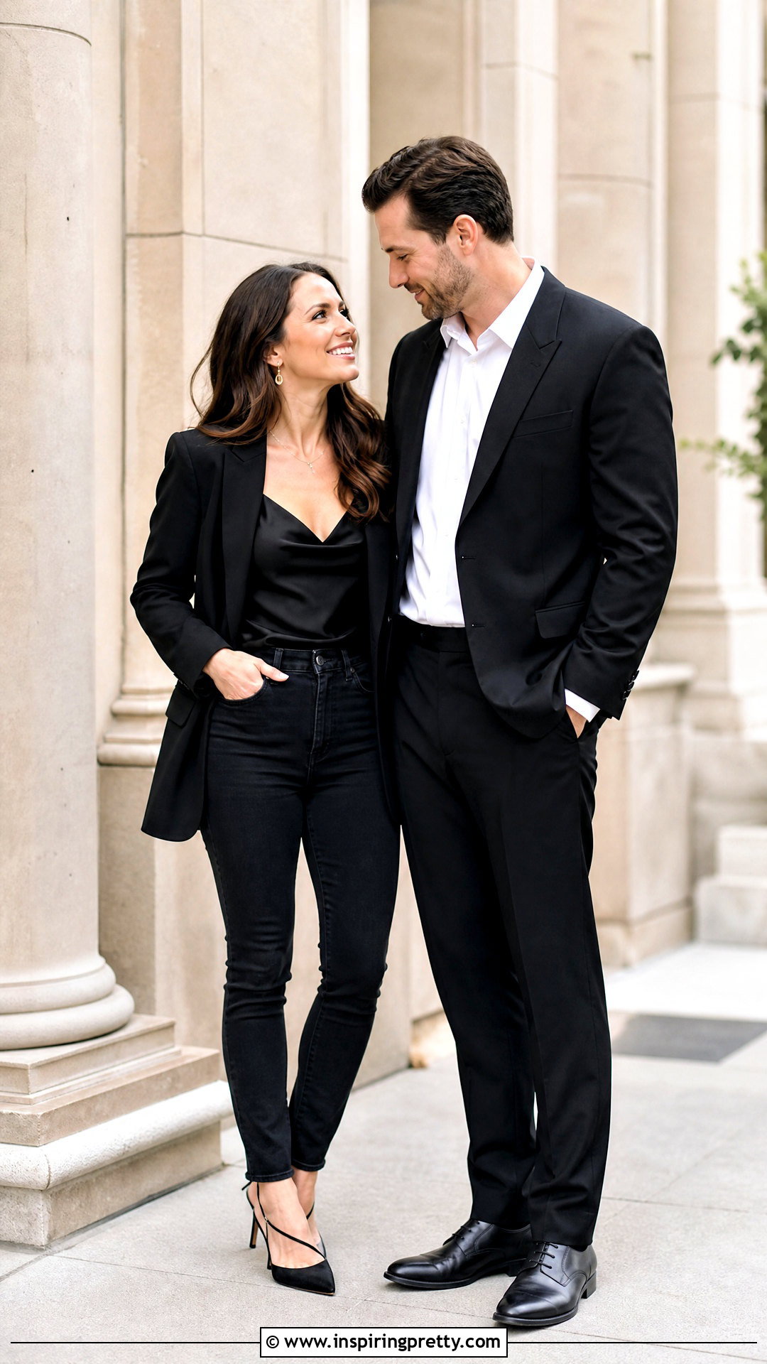 Black Satin Camisole And Dark Jeans Engagement Outfit - 25 black top and jeans engagement photos