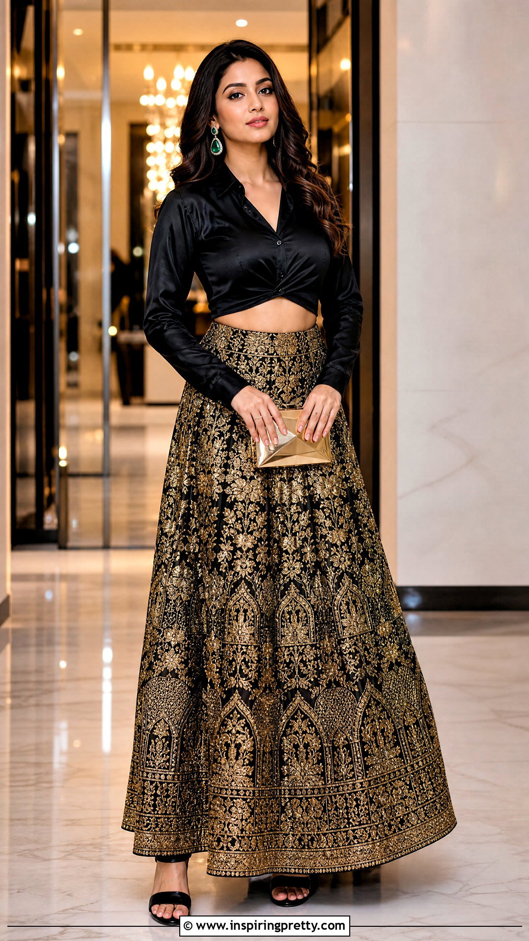Black Satin Crop Shirt With Gold Lehenga Outfit - 25 shirt crop top lehenga outfit ideas