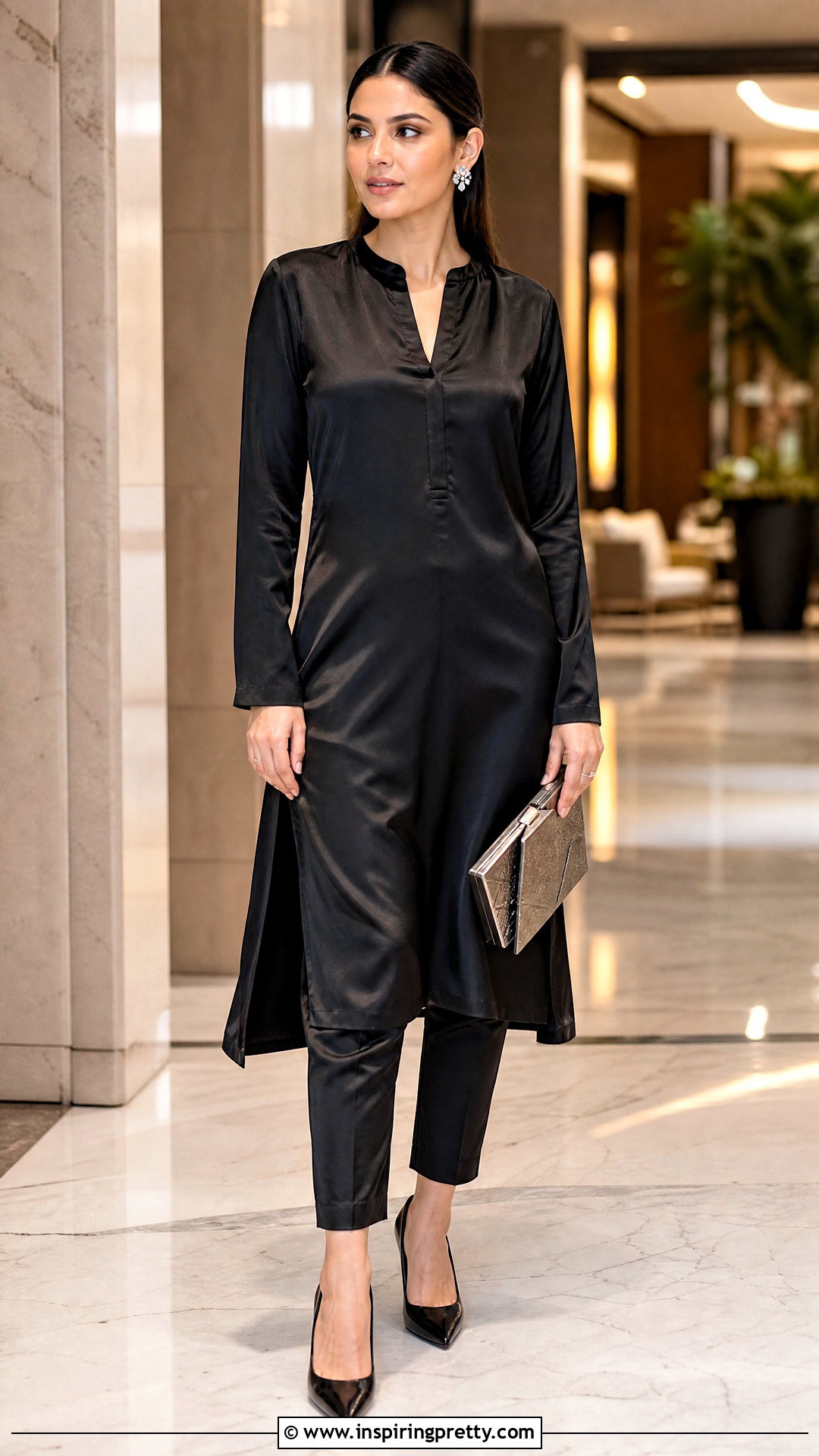 Black Satin Evening Tunic Top With Slim Pants - 20 evening tunic tops outfit ideas