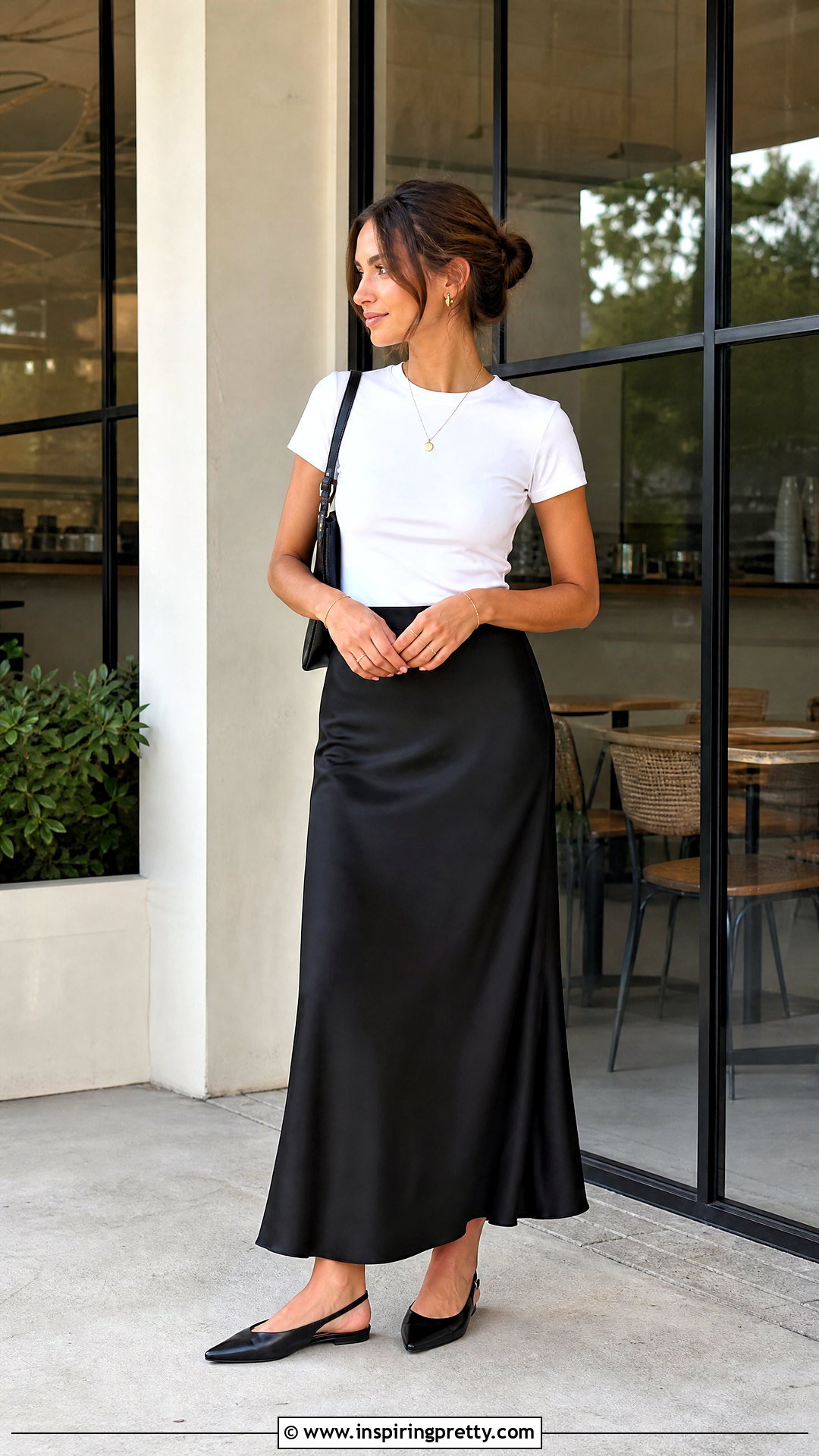 Black Satin Long Skirt With Fitted White T Shirt - 50 long skirt and top outfit ideas