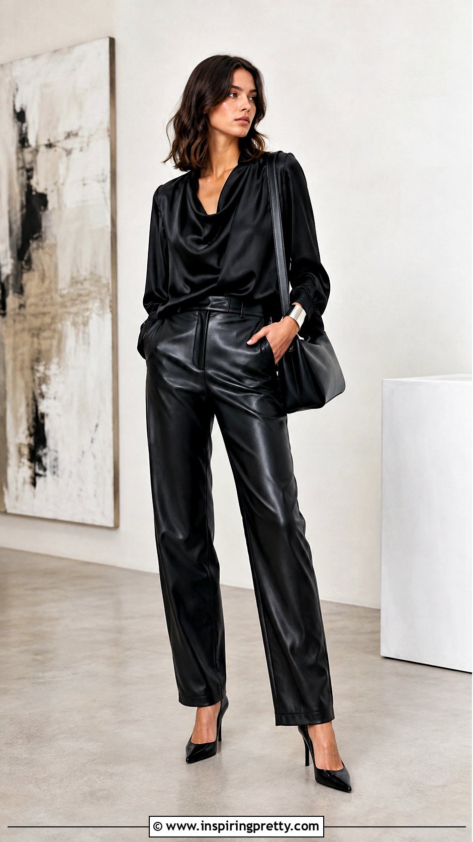 Black Satin Long Sleeve Top With Black Leather Pants - 25 black satin long sleeve top outfit ideas