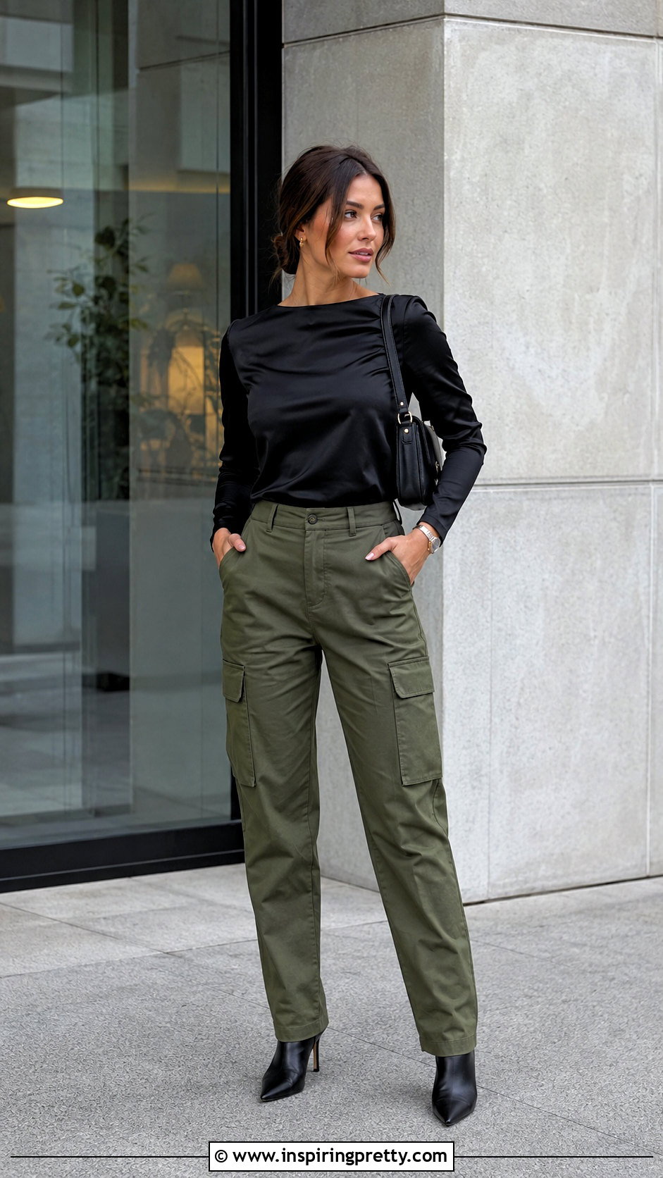 Black Satin Long Sleeve Top With Cargo Pants - 25 black satin long sleeve top outfit ideas