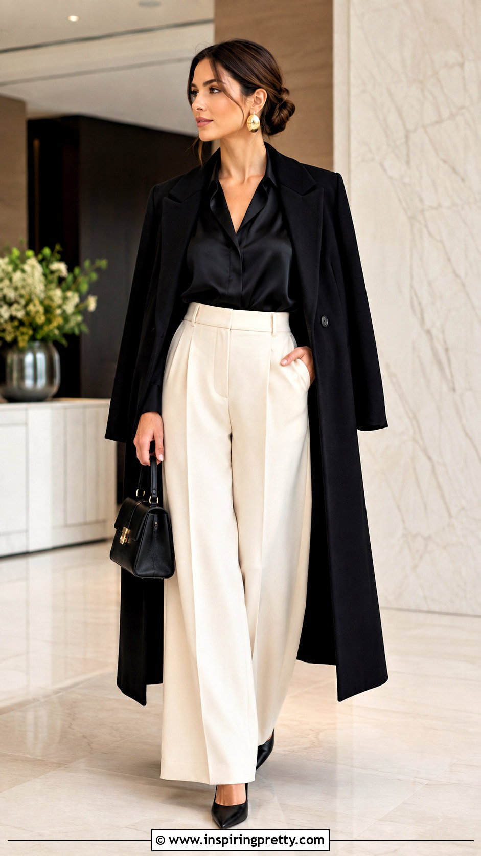 Black Satin Long Sleeve Top With Cream Wide Leg Pants - 25 black satin long sleeve top outfit ideas