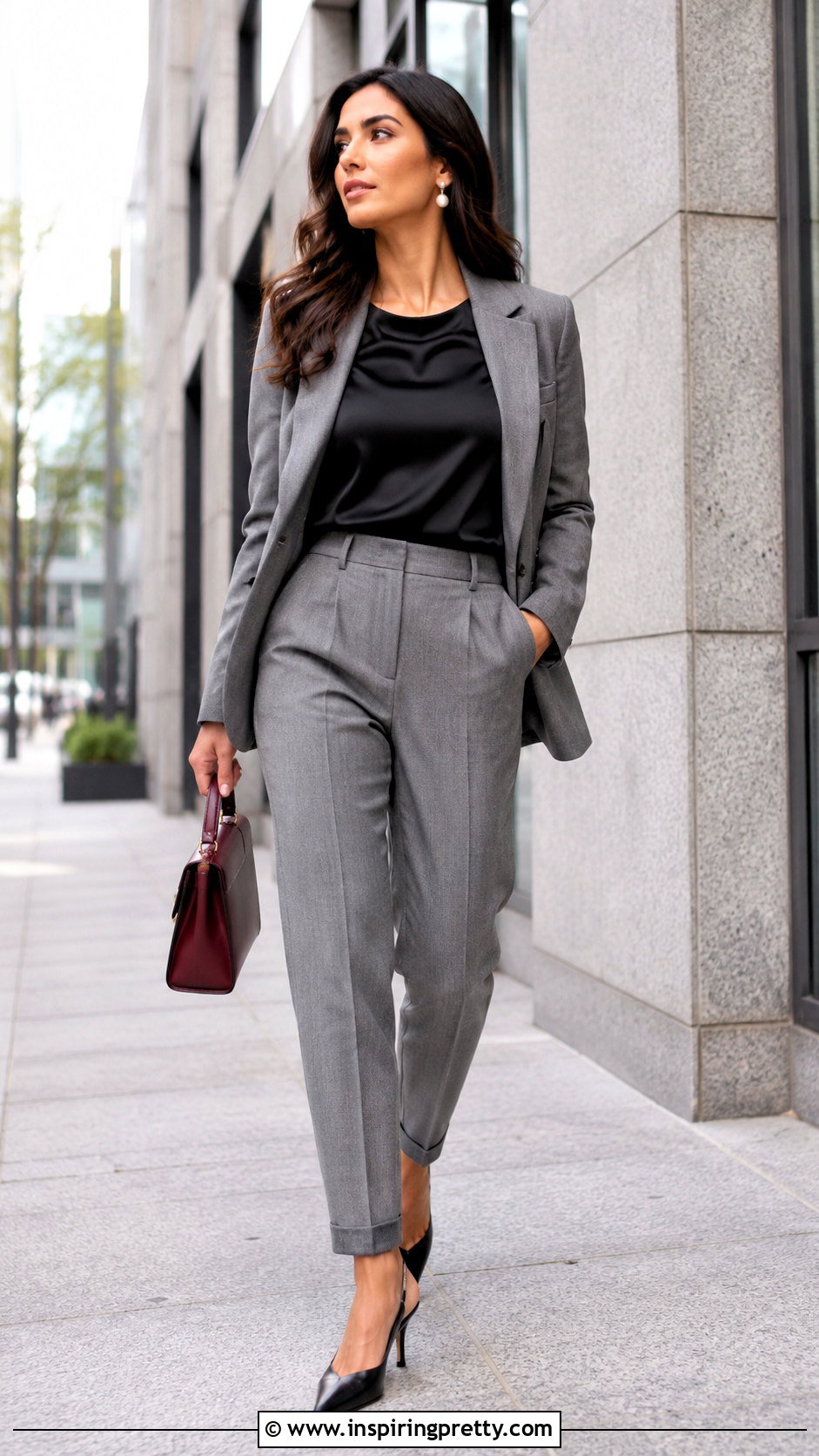 Black Satin Long Sleeve Top With Gray Trousers - 25 black satin long sleeve top outfit ideas