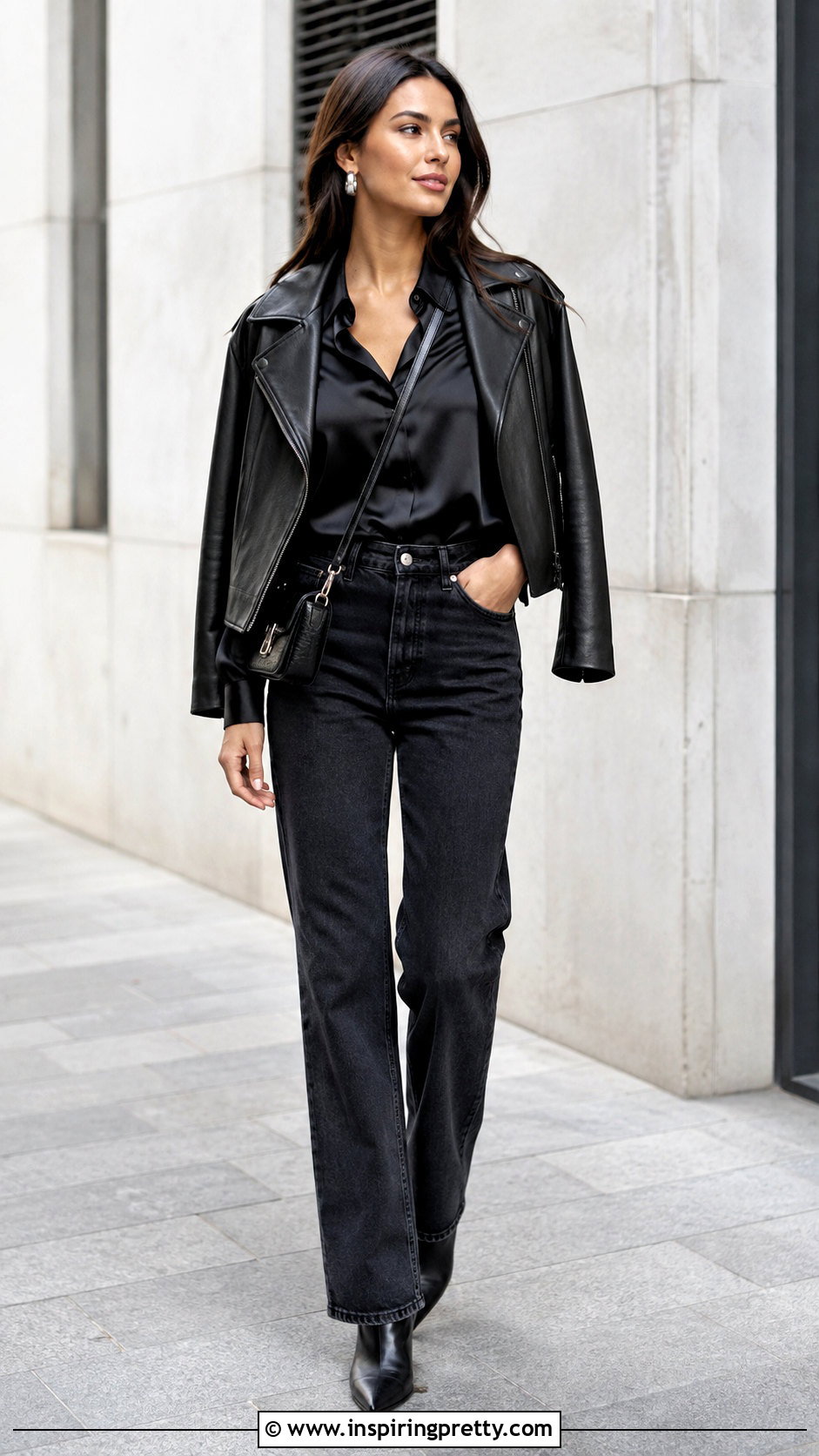 Black Satin Long Sleeve Top With Leather Jacket And Jeans - 25 black satin long sleeve top outfit ideas