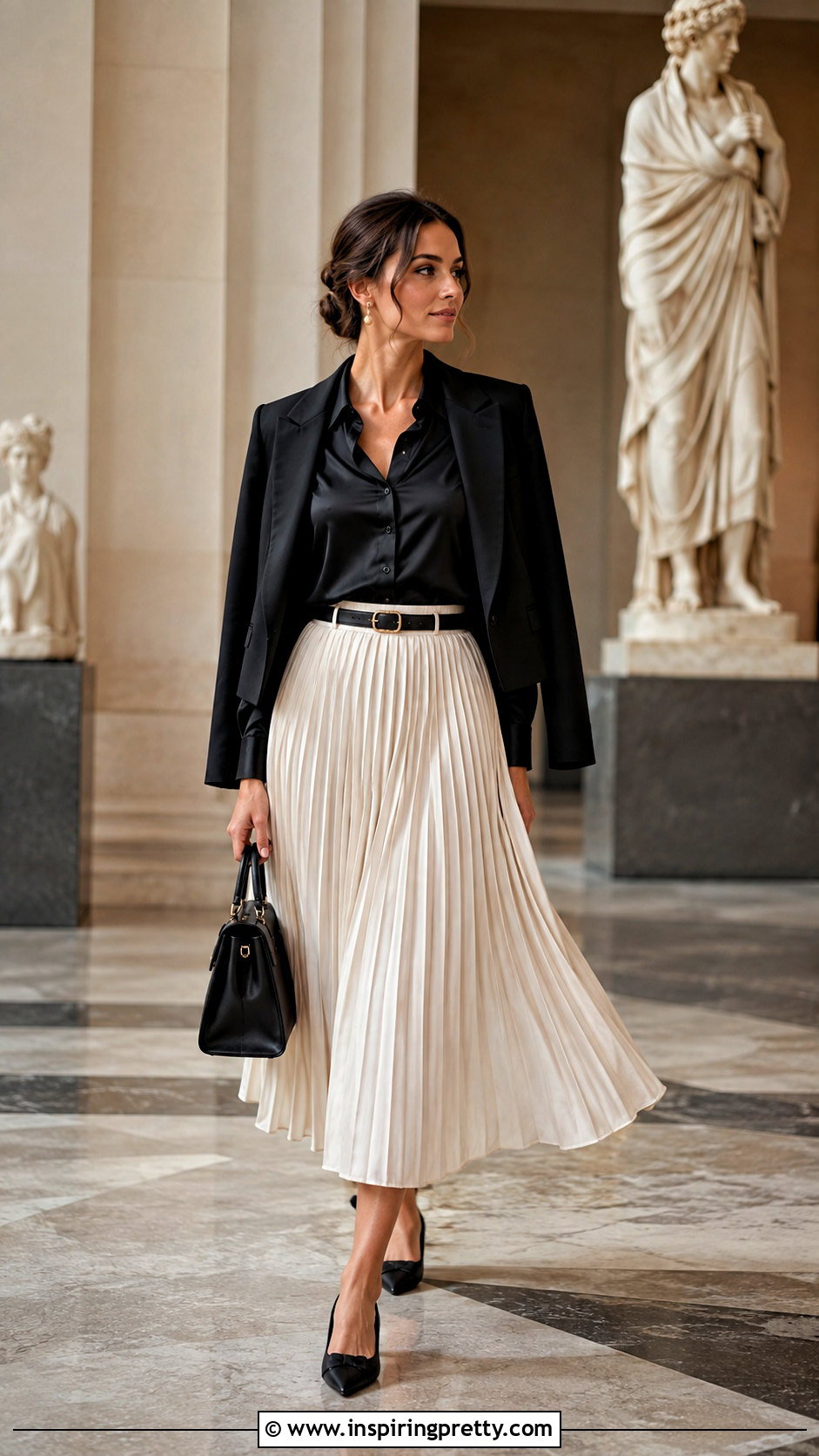 Black Satin Long Sleeve Top With Pleated Midi Skirt - 25 black satin long sleeve top outfit ideas