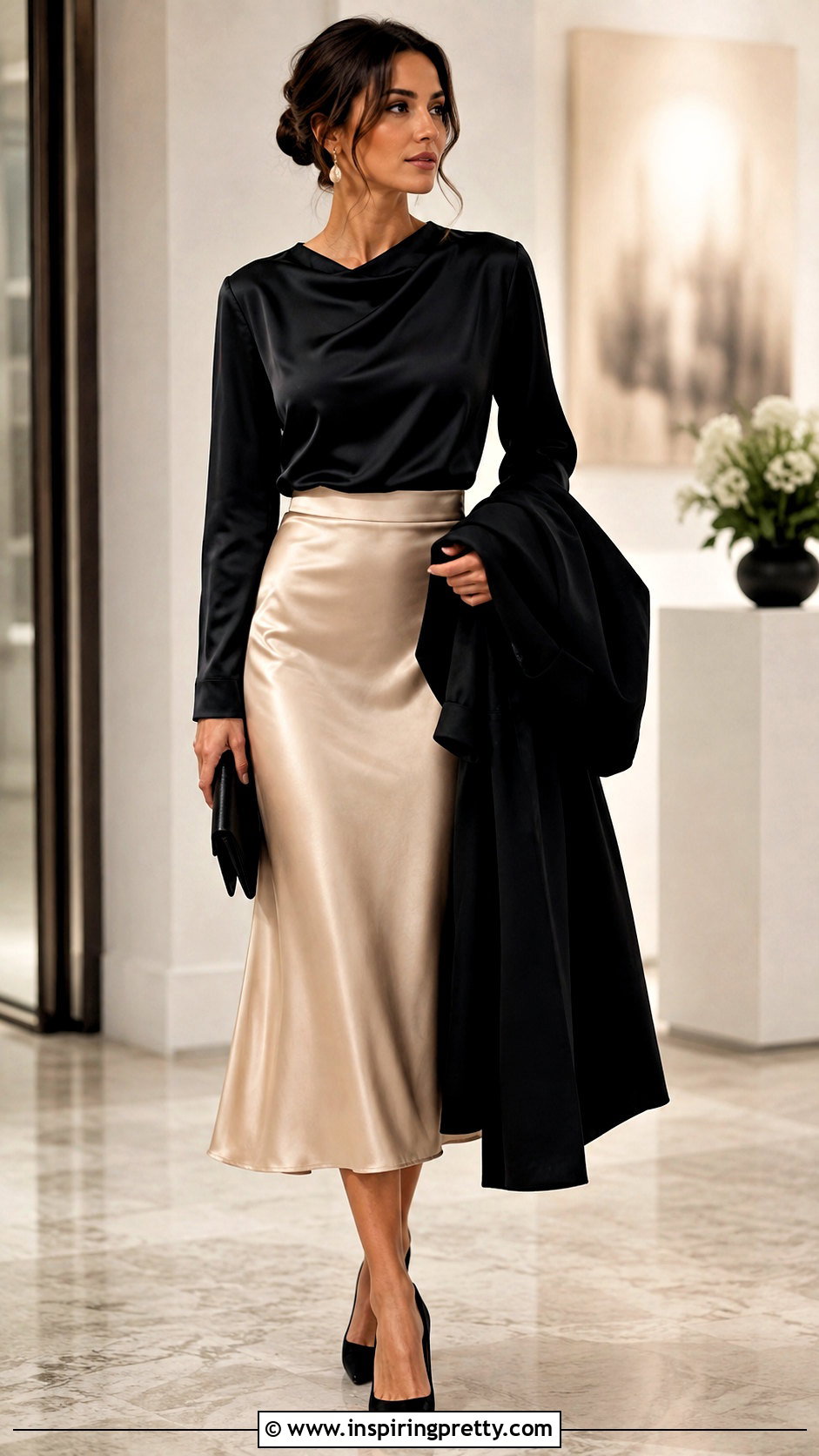 Black Satin Long Sleeve Top With Satin Midi Skirt - 25 black satin long sleeve top outfit ideas