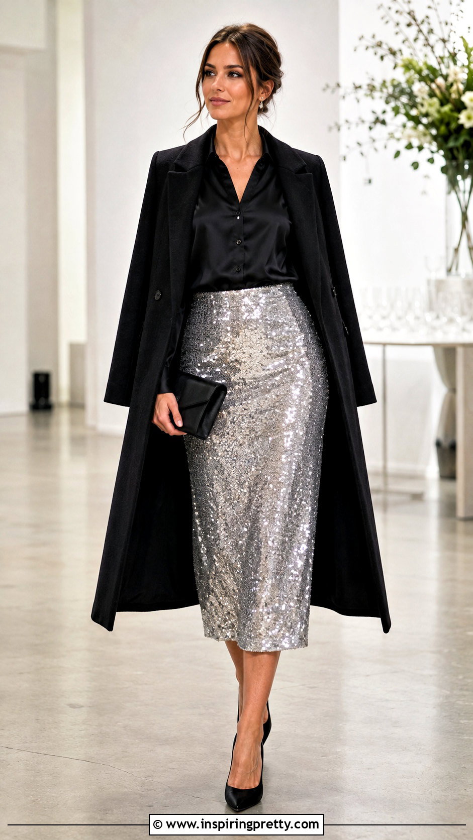 Black Satin Long Sleeve Top With Sequin Midi Skirt - 25 black satin long sleeve top outfit ideas