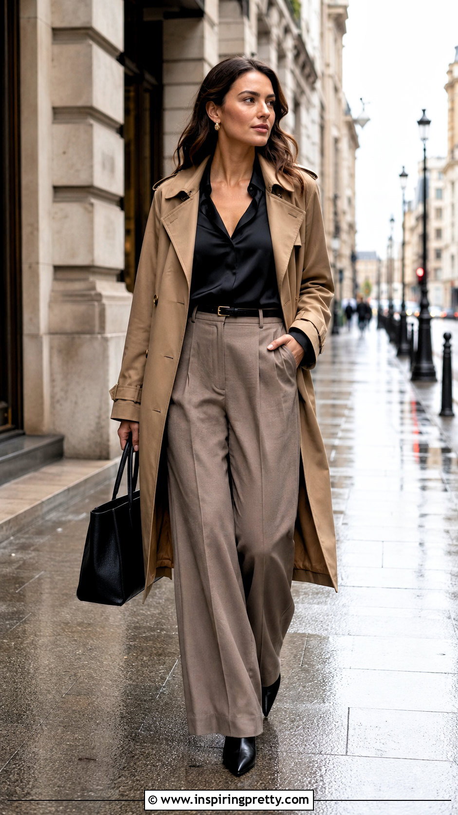 Black Satin Long Sleeve Top With Trench Coat And Trousers - 25 black satin long sleeve top outfit ideas