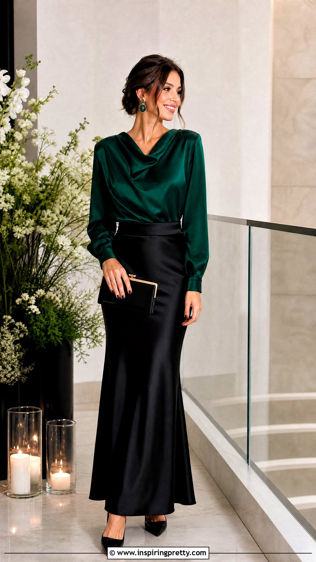 Black Satin Skirt And Jewel Tone Top - 50 wedding guest skirt and top outfit ideas