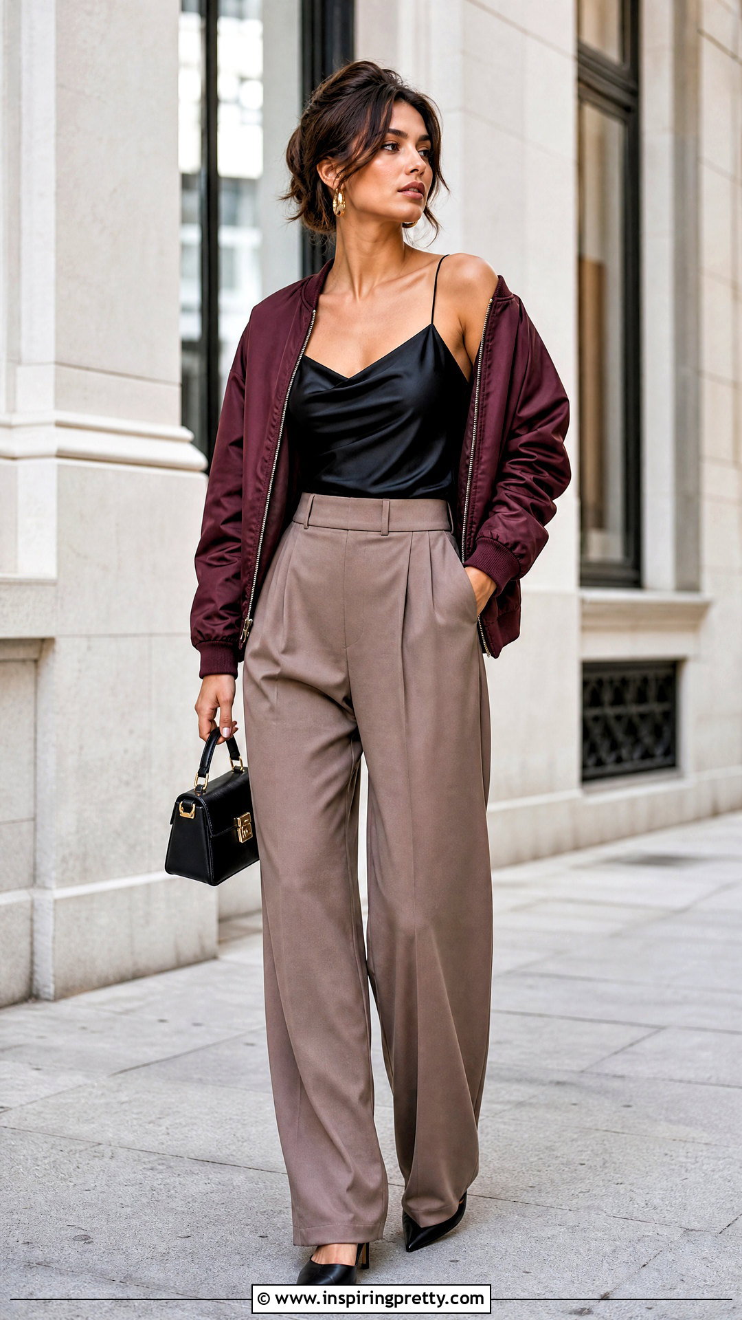 Black Satin Top With Bomber Jacket And Wide Leg Pants - 50 black satin top outfit ideas