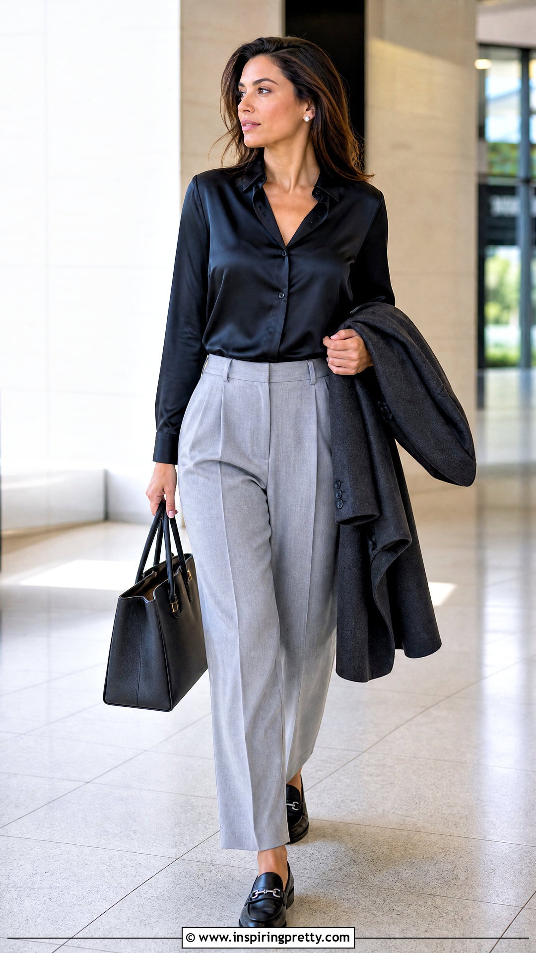 Black Satin Top With Gray Trousers - 20 Elegant Black Satin Top outfit ideas
