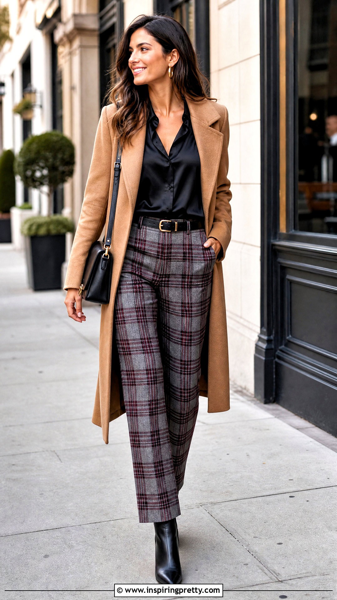 Black Satin Top With Plaid Pants And Ankle Boots - 50 black satin top outfit ideas