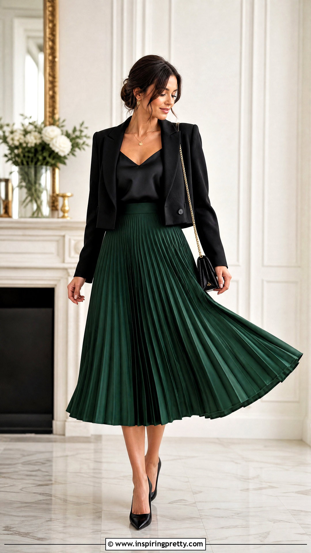 Black Satin Top With Pleated Midi Skirt - 50 black satin top outfit ideas