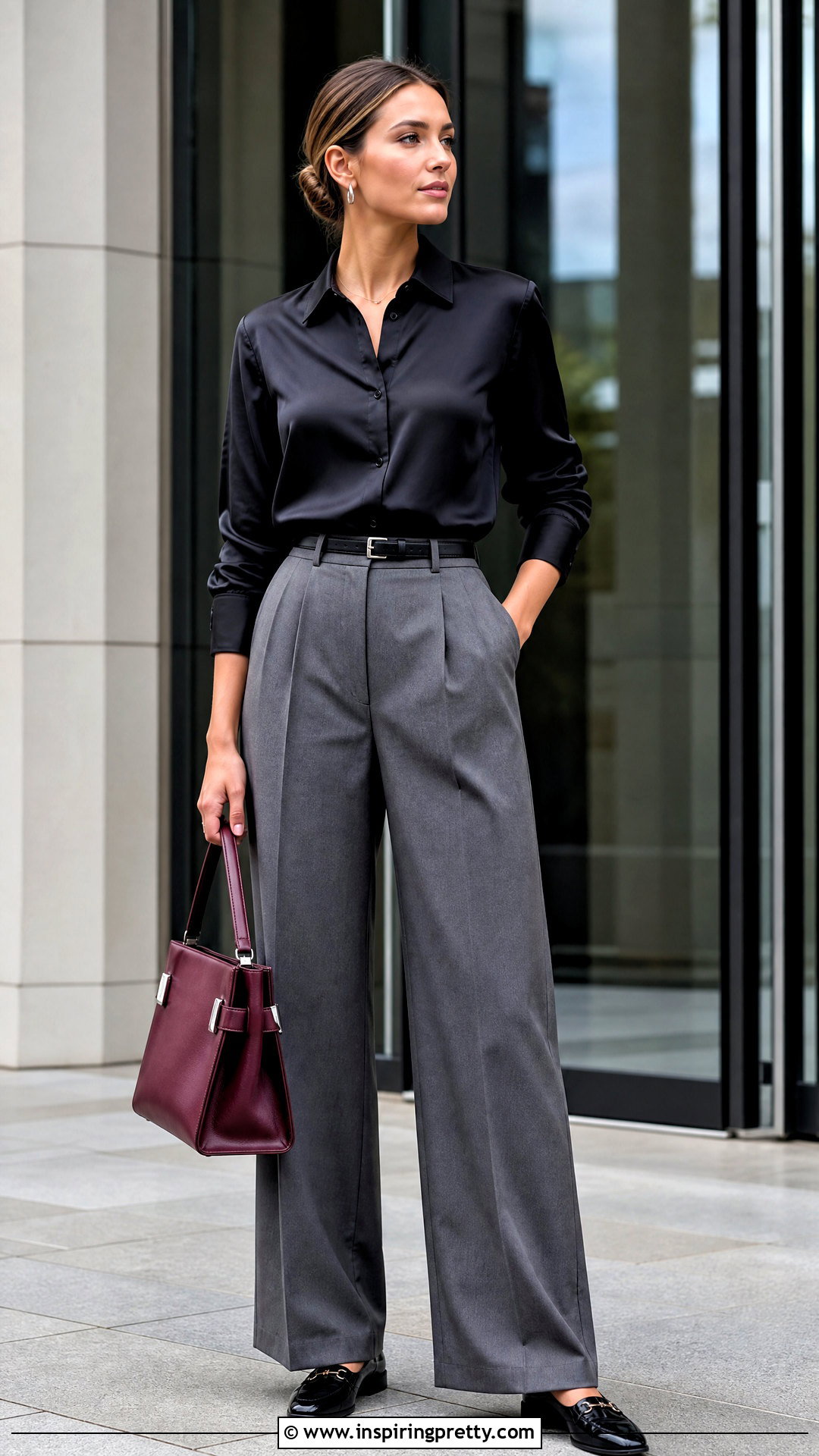 Black Satin Work Top With Gray Wide Leg Pants - 25 satin work top outfit ideas