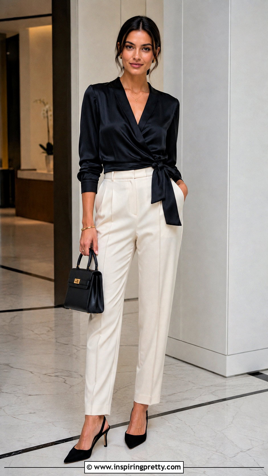 Black Satin Wrap Top With Cream Trousers - 50 wrap top outfit classy ideas