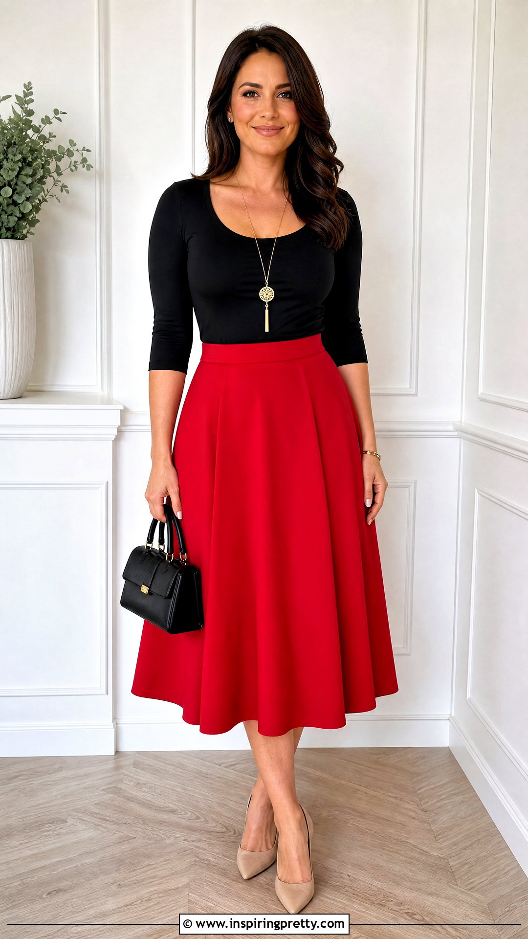 Black Scoop Neck Top With Bright Midi Skirt - 50 tops for broad shoulders for women