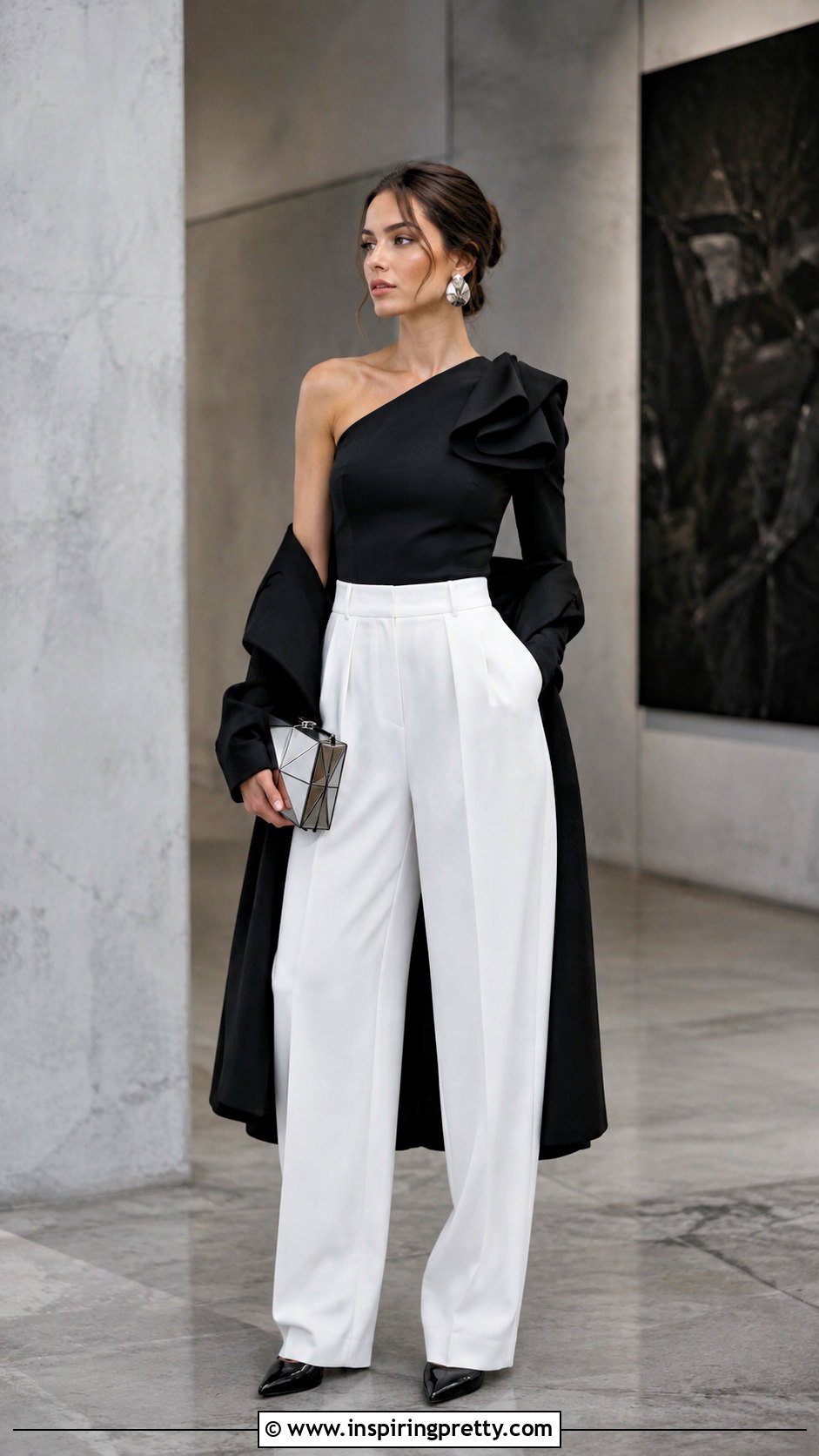 Black Sculptural Top With White Pants - 50 night out tops outfit ideas