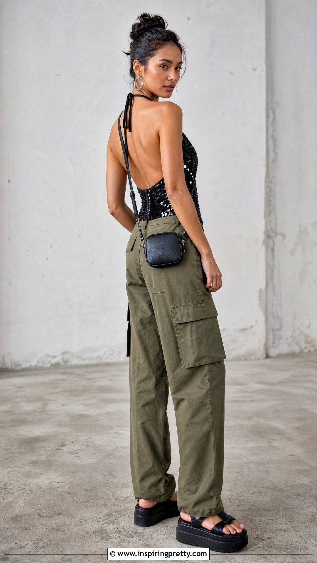 Black Sequin Backless Halter Top With Cargo Pants - 25 sequin backless halter top outfit ideas