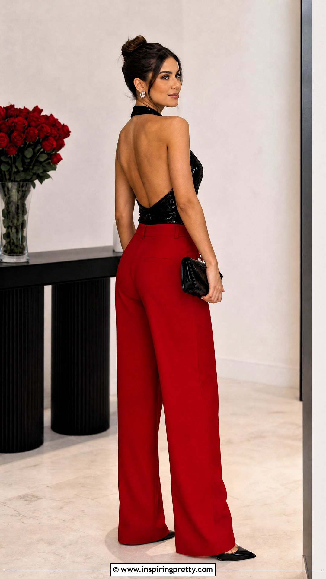 Black Sequin Backless Halter Top With Red Trousers - 25 sequin backless halter top outfit ideas