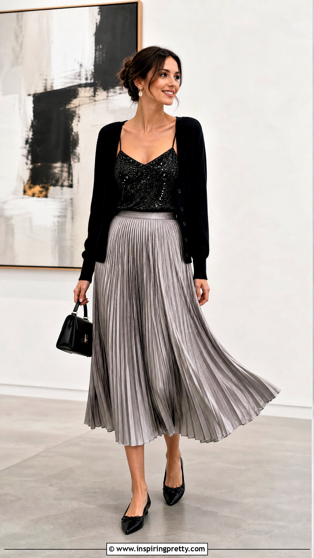 Black Sequin Cami Top With Pleated Midi Skirt - 20 black sequin cami top outfit ideas