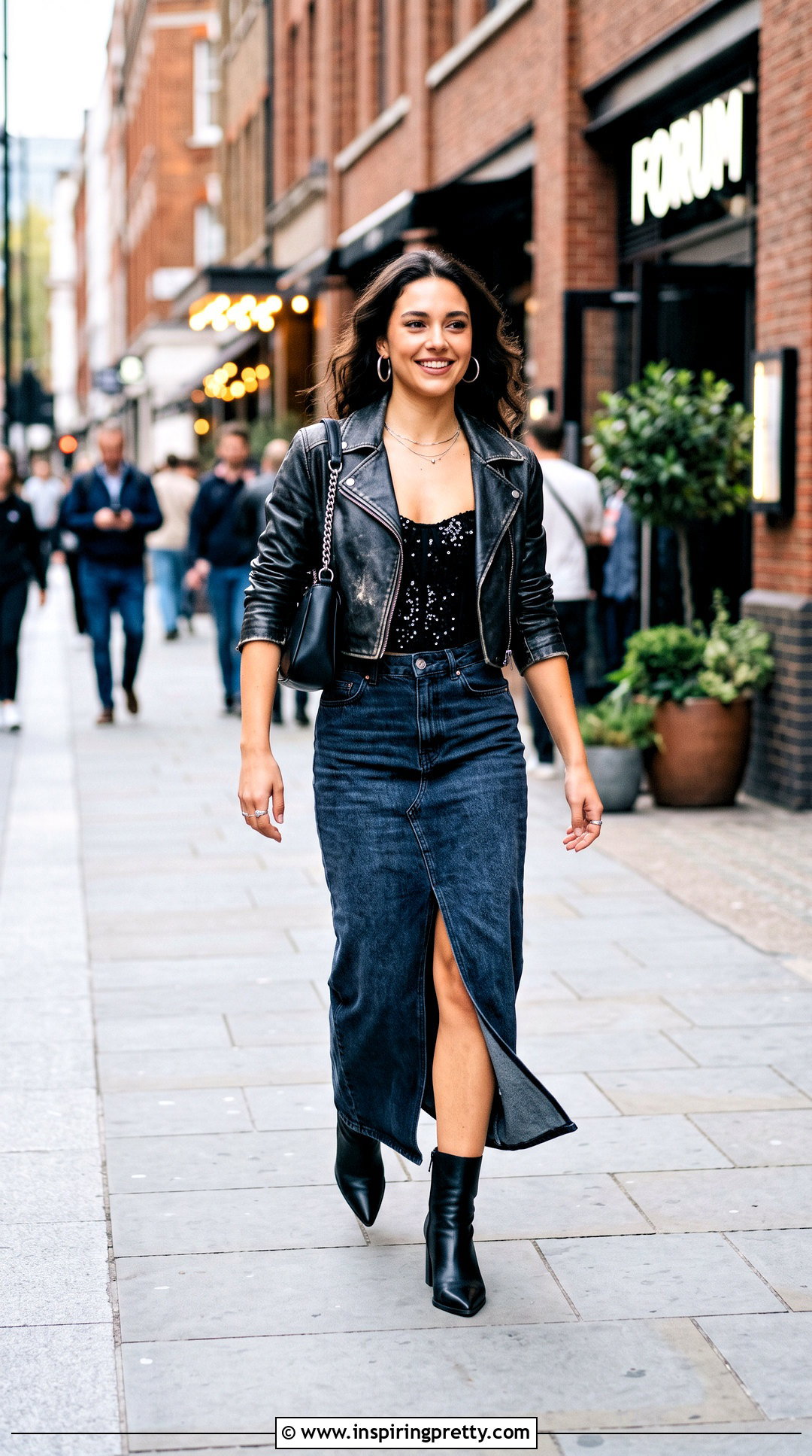 Black Sequin Corset Top With Denim Maxi Skirt - 25 black sequin corset top outfit ideas