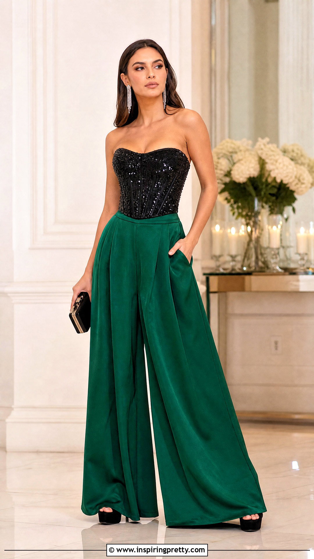 Black Sequin Corset Top With Palazzo Pants - 25 black sequin corset top outfit ideas