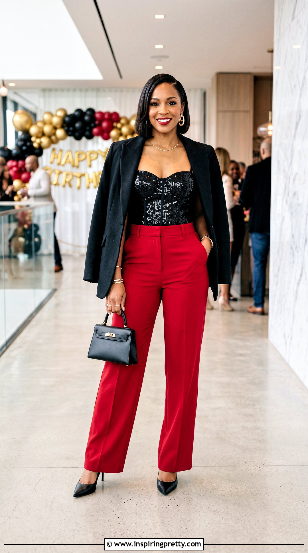 Black Sequin Corset Top With Red Trousers - 25 black sequin corset top outfit ideas