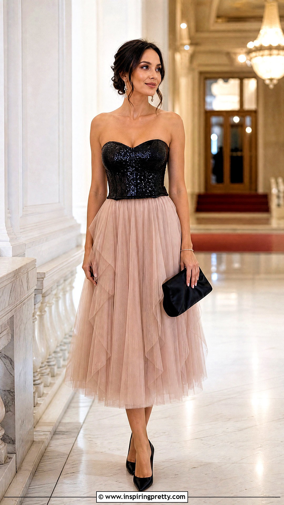 Black Sequin Corset Top With Tulle Midi Skirt - 25 black sequin corset top outfit ideas