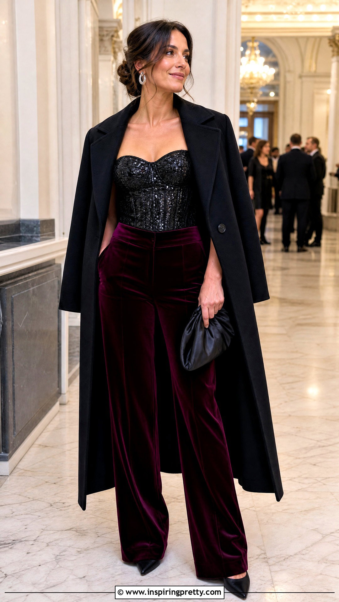 Black Sequin Corset Top With Velvet Pants - 25 black sequin corset top outfit ideas