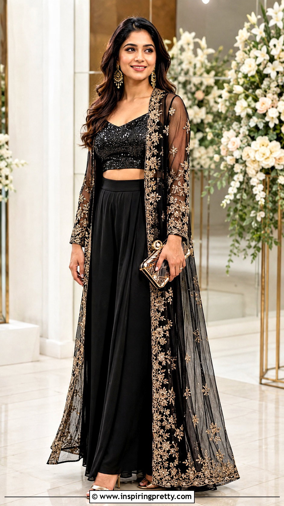 Black Sequin Crop Top Palazzo With Embroidered Jacket - 25 crop top palazzo with jacket indian outfit ideas