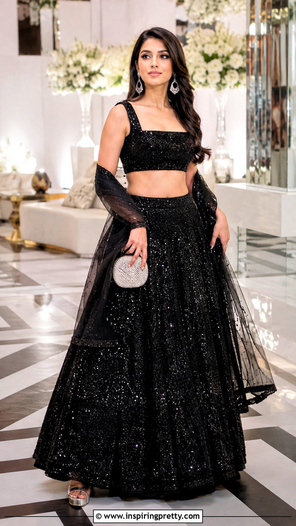Black Sequin Lehenga Crop Top Outfit - 50 party wear lehenga crop tops outfit ideas
