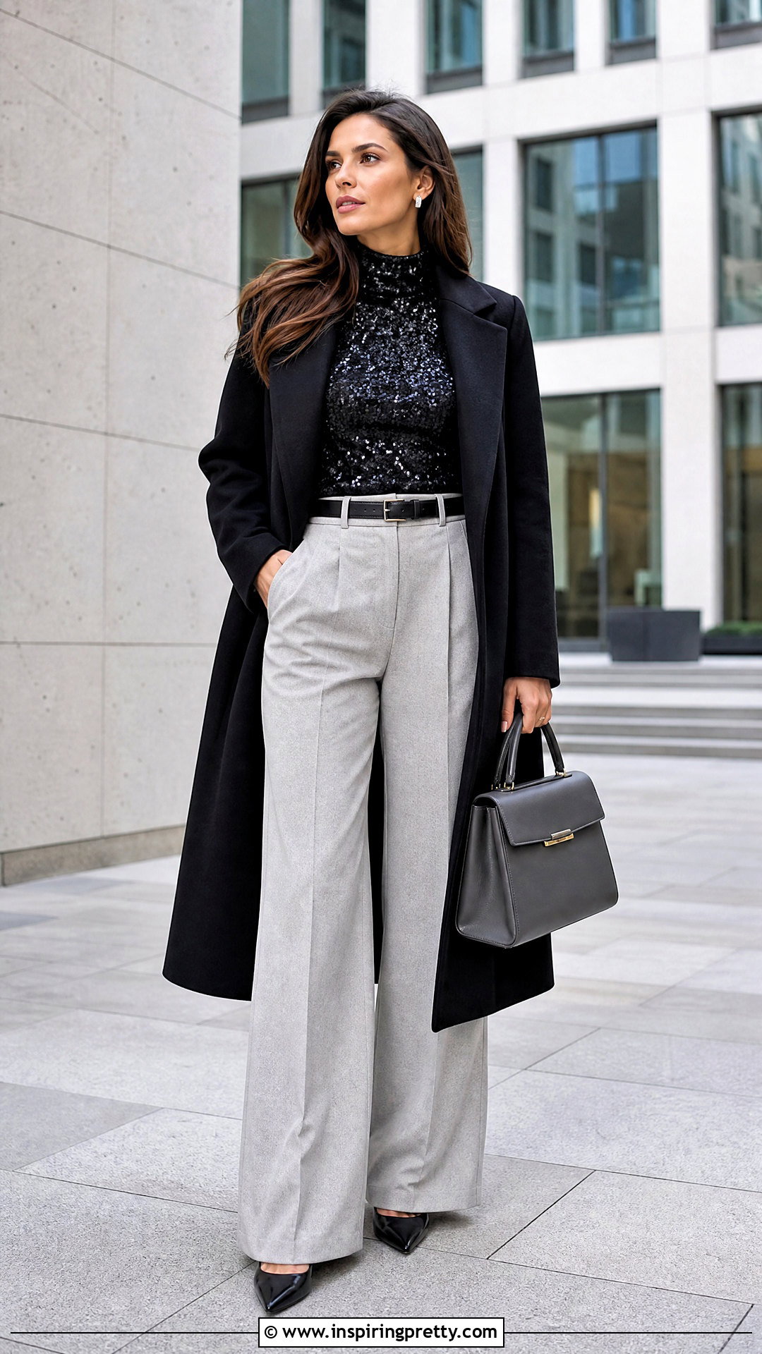 Black Sequin Mock Neck Top With Gray Trousers - 20 black sequin tops for women
