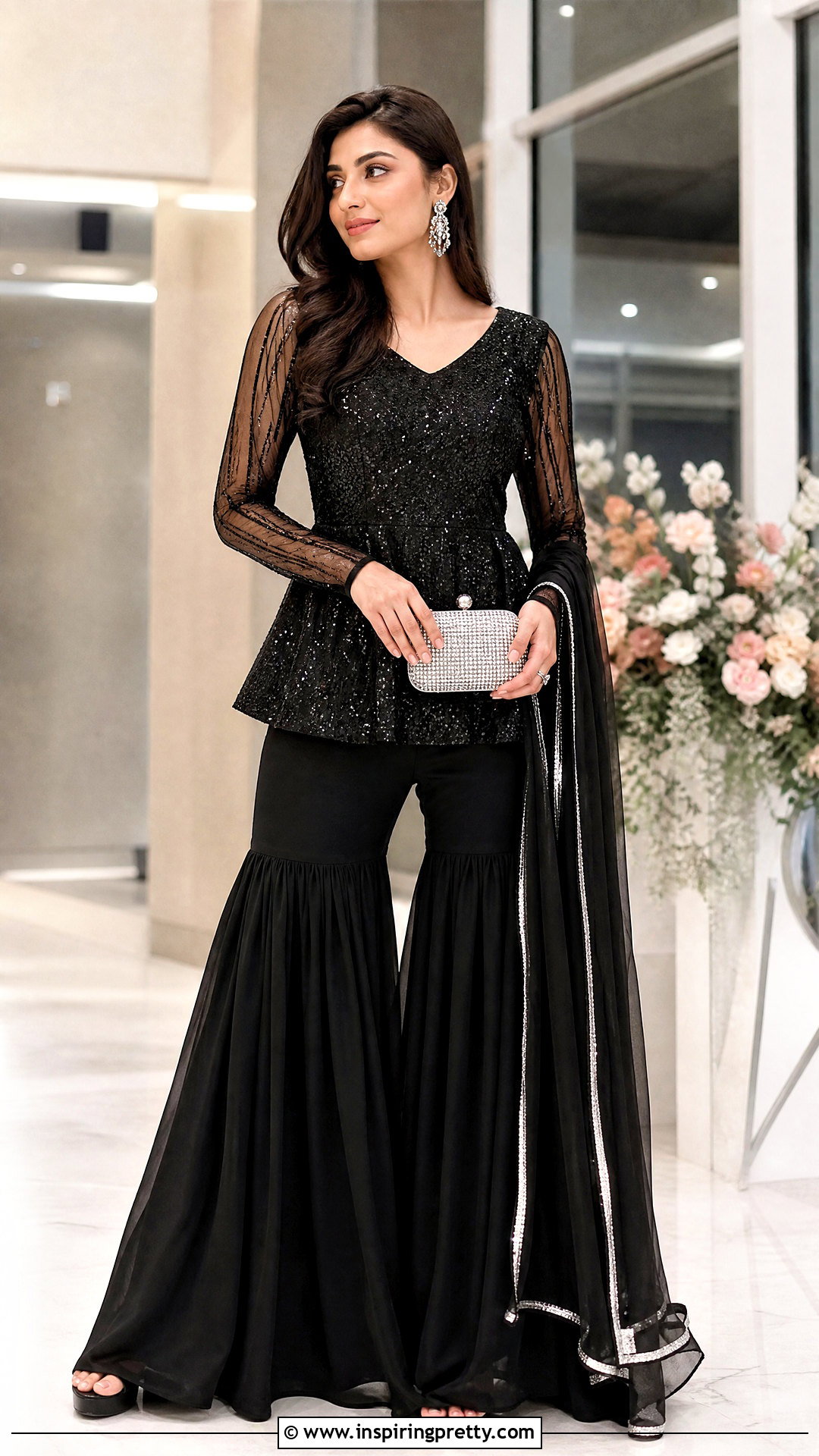 Black Sequin Peplum Top With Sharara - 50 peplum top with sharara outfit ideas