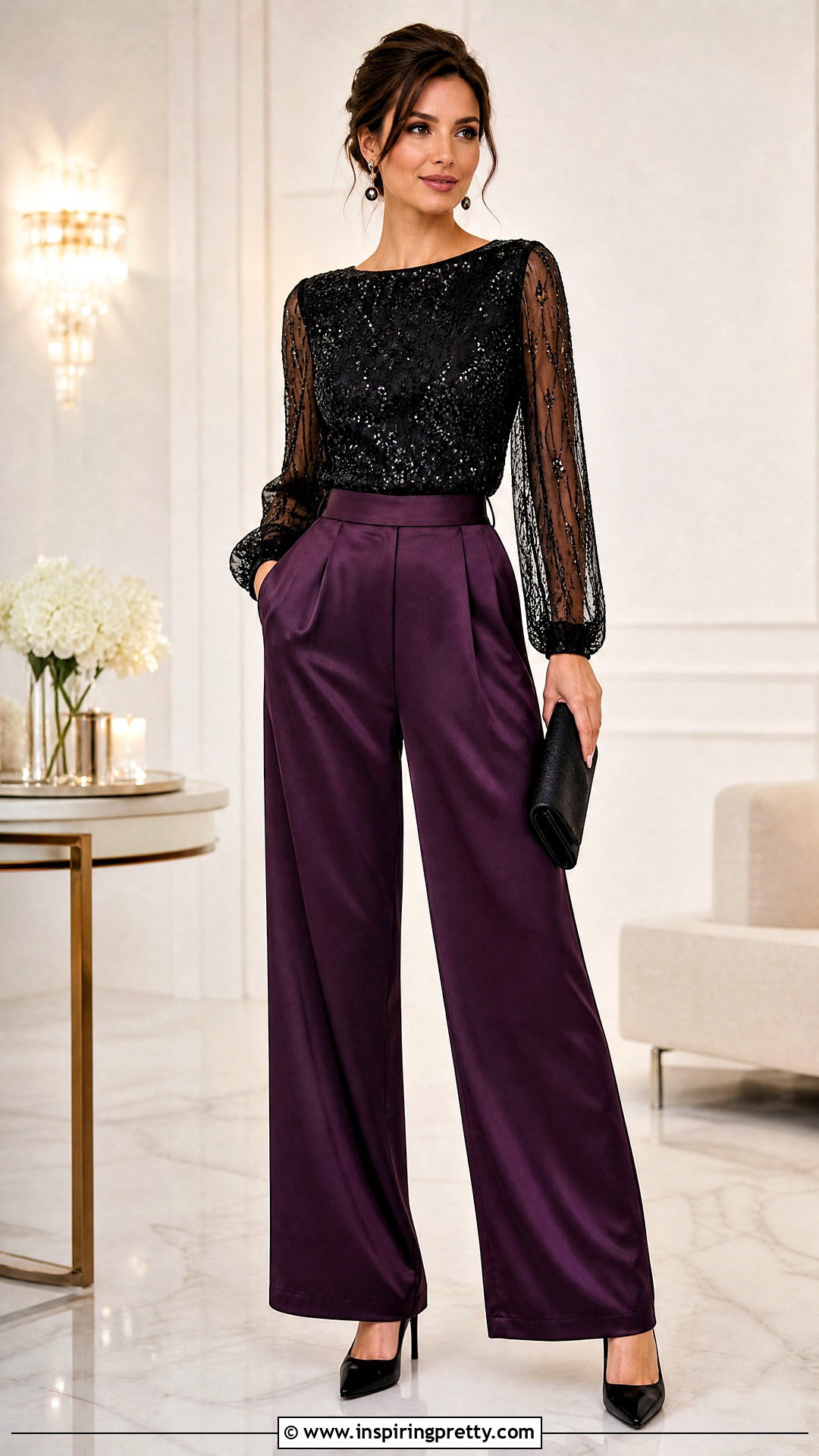 Black Sequin Sheer Sleeve Top With Satin Pants - 20 black sequin tops for women