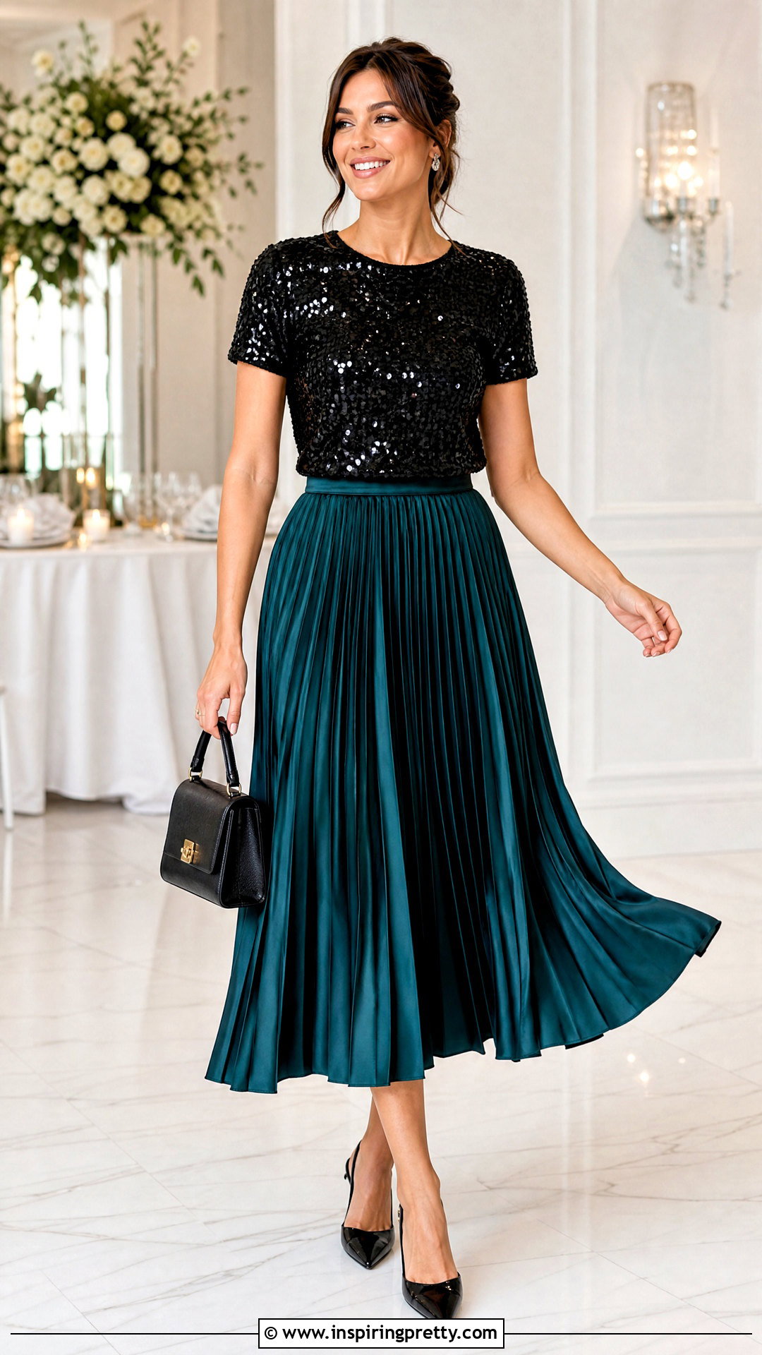 Black Sequin Short Sleeve Top With Pleated Midi Skirt - 20 black sequin tops for women