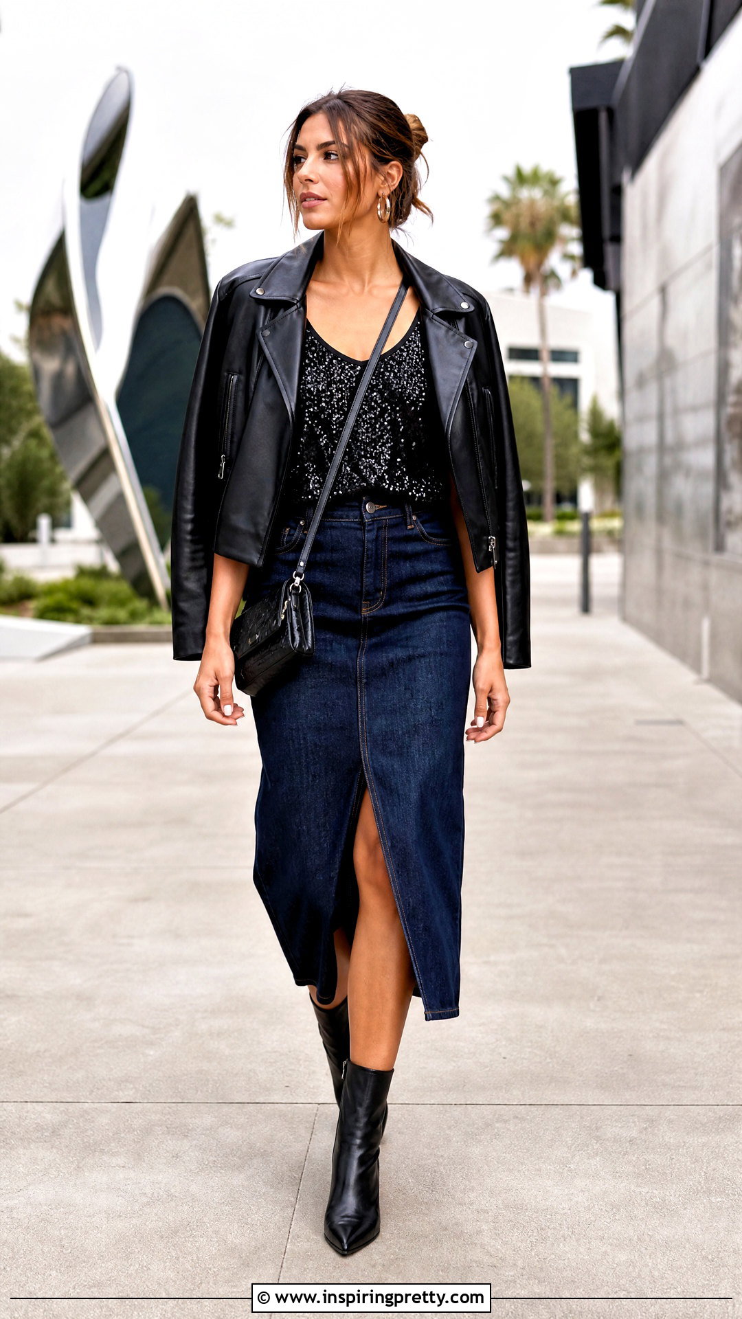 Black Sequin Tank Top With Denim Midi Skirt - 20 black sequin tank top outfit ideas