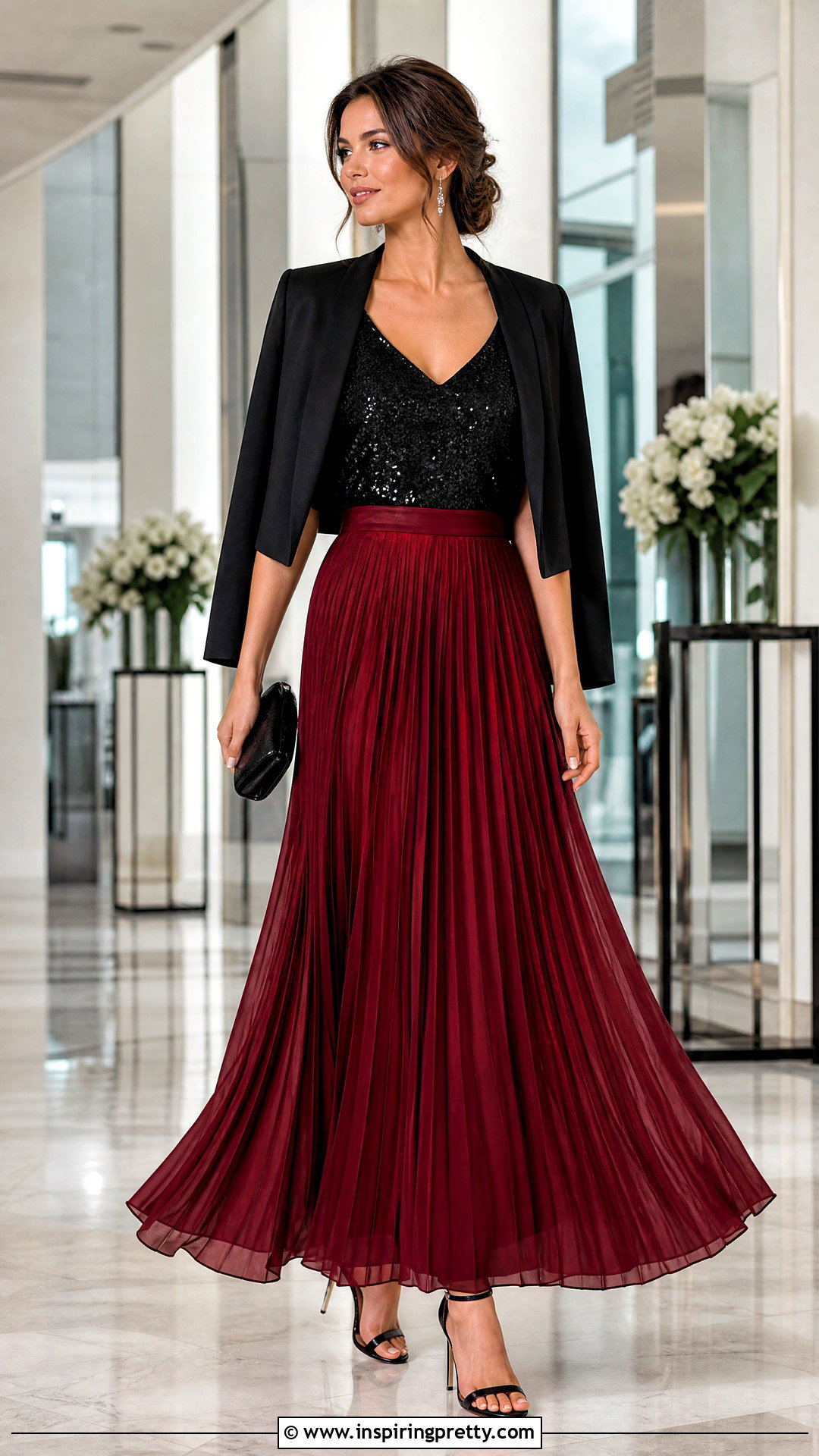 Black Sequin Tank Top With Pleated Maxi Skirt - 20 black sequin tank top outfit ideas