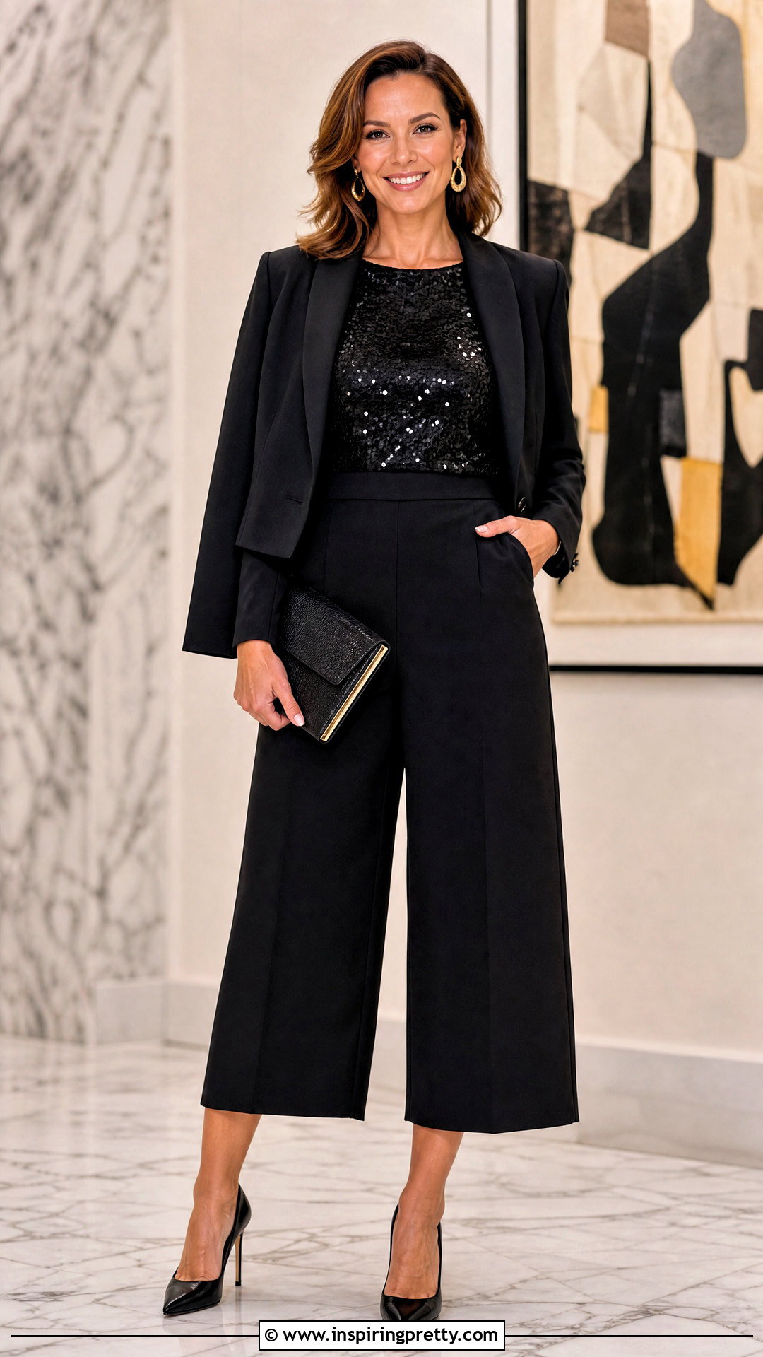 Black Sequin Top With Black Culottes - 50 black sequin top outfit ideas