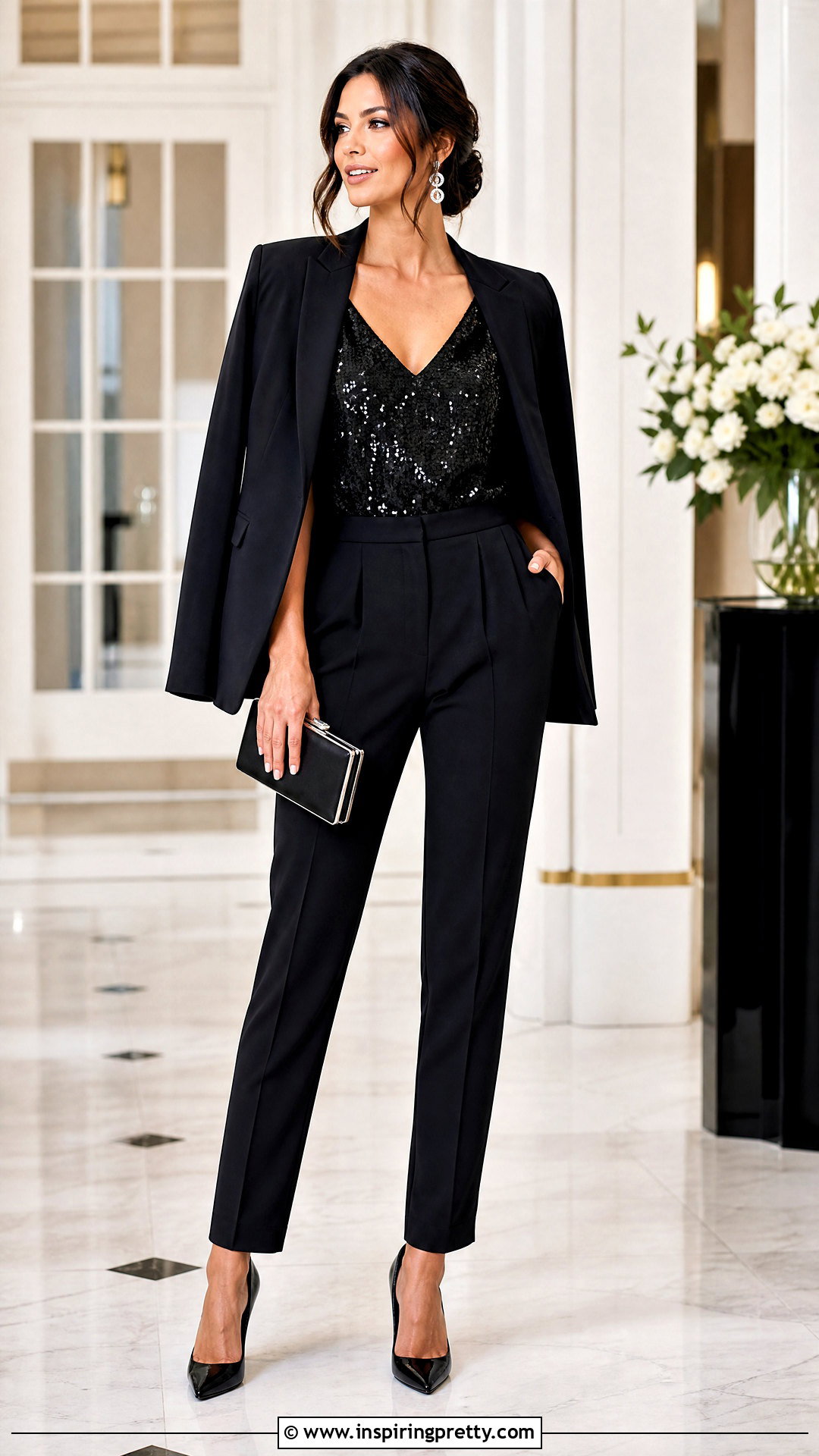 Black Sequin Top With Black Tailored Trousers - 50 black sequin top outfit ideas